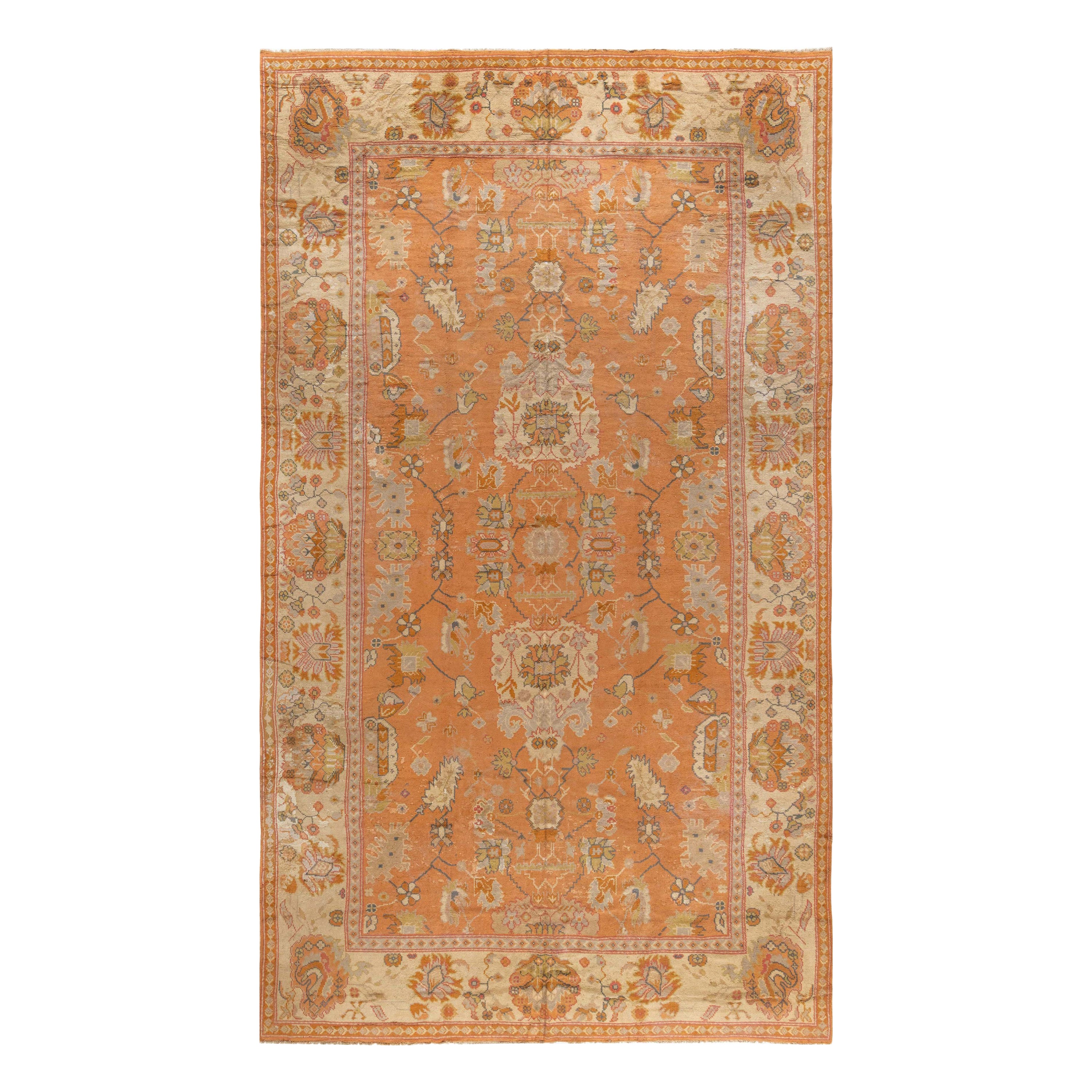 Antique Turkish Oushak Handwoven Wool Rug For Sale