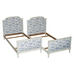 PAIR OF Used FRENCH SiNGLE BEDSTEAD FRAMES WITH TOILE DE JOUY UPHOLSTERY