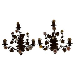 19th Century Big Italian Tole and Porcelain Flowers Polychrome Sconces