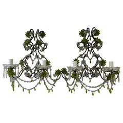 Appliques italiennes uniques en leur genre en verre de Murano vert chartreuse avec guirlandes de Macaroni 1900