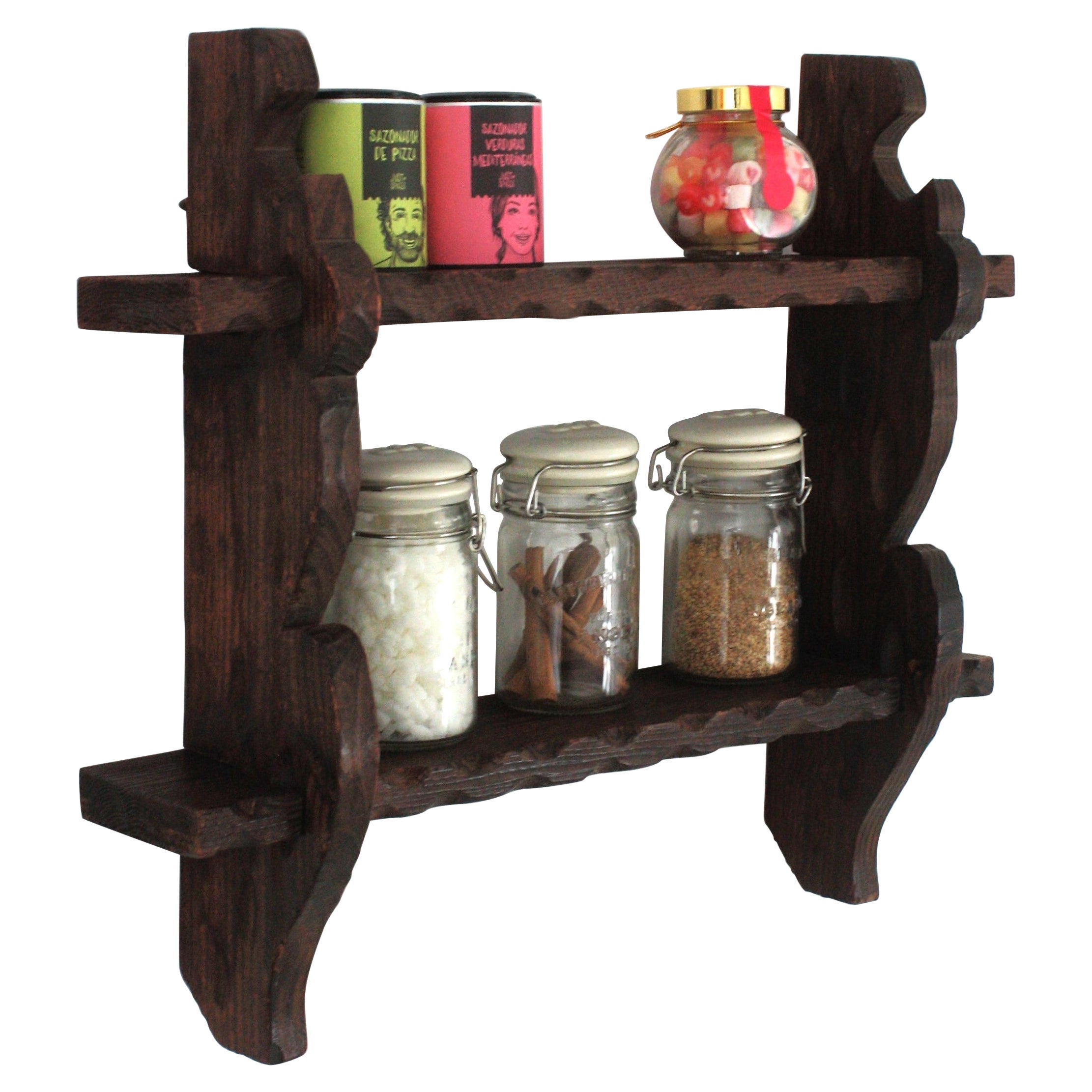 Spanish Colonial Wood Wall Shelf Spice Rack, 1940s For Sale