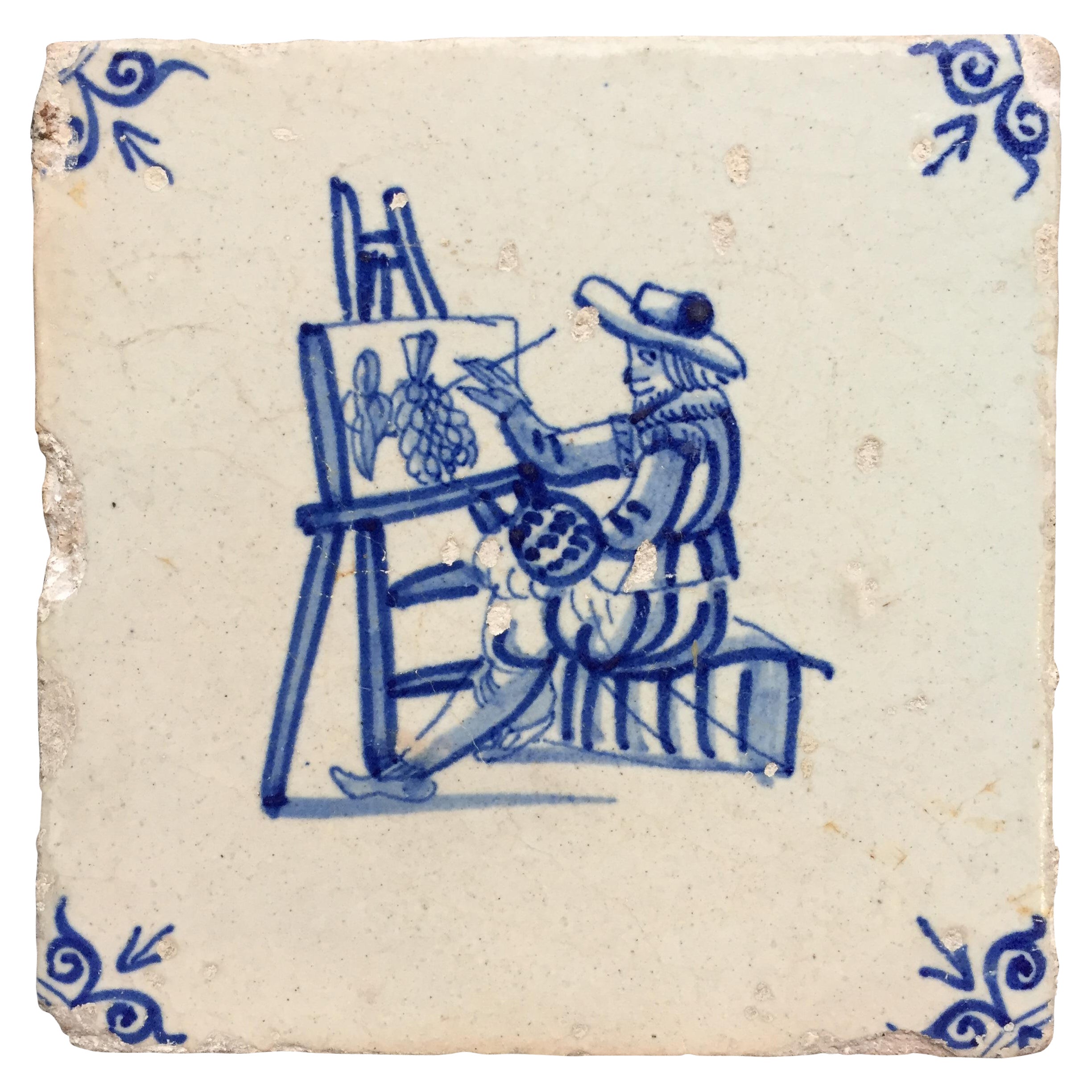 Blue and White Dutch Delft Tile with Artist, Mid 17th Century