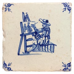 Antique Blue and White Dutch Delft Tile with Artist, Mid 17th Century