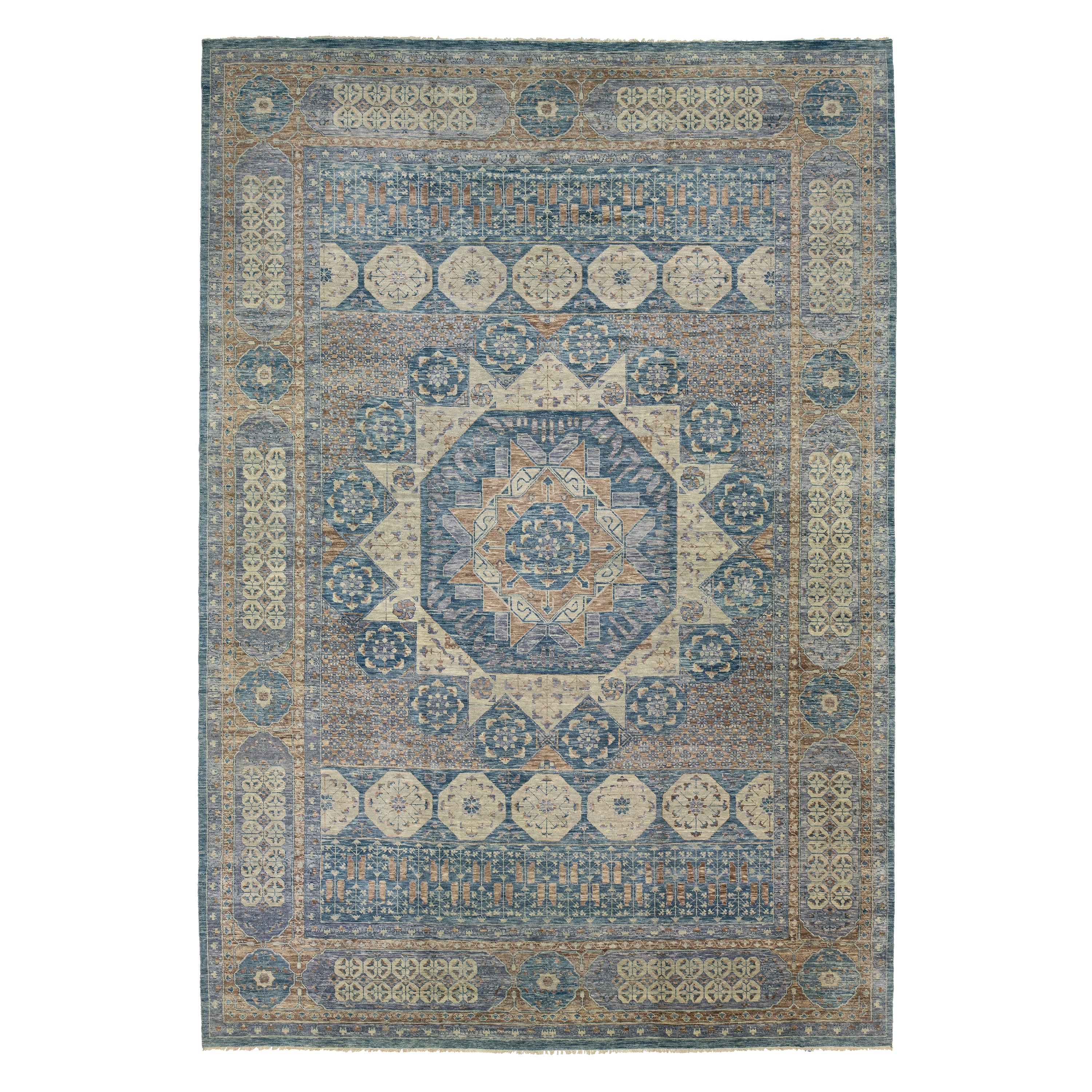 Gray Modern Mamluk Oversize Wool Rug With Geometric Blue Design For Sale
