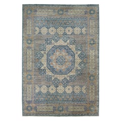 Gray Modern Mamluk Oversize Wool Rug With Geometric Blue Design