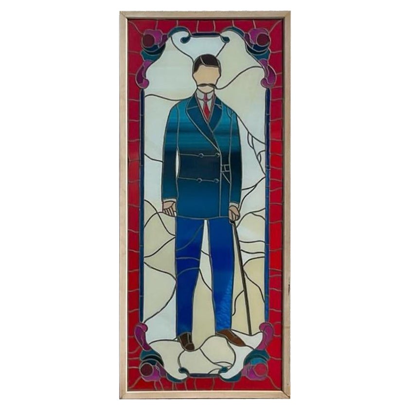 Vintage Boho Monumental Stained Glass Window Of Man