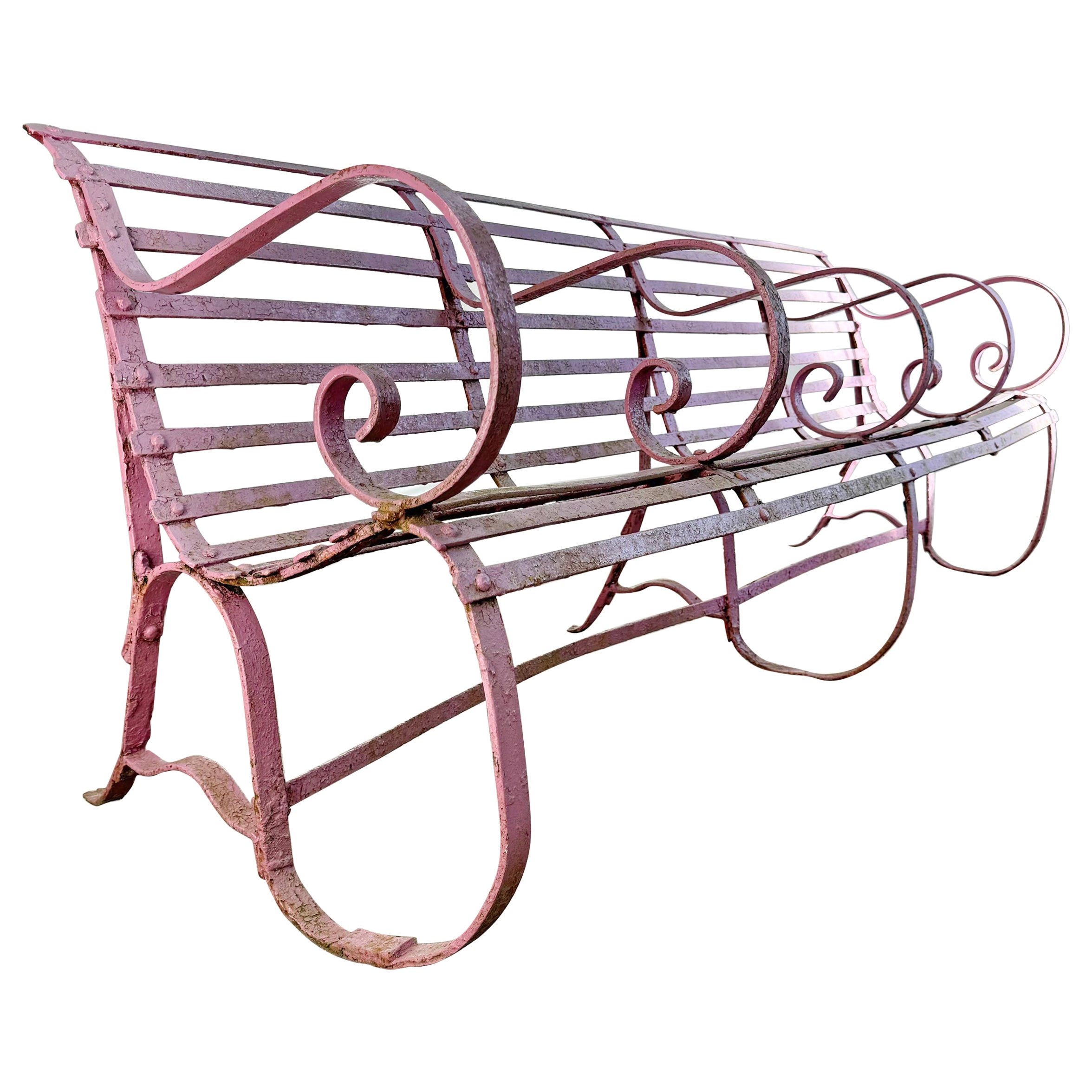 Early Victorian Scroll Arm Wrought Iron Pink Bench of Exceptional Proportions For Sale