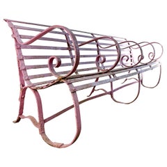 Antique Early Victorian Scroll Arm Wrought Iron Pink Bench of Exceptional Proportions