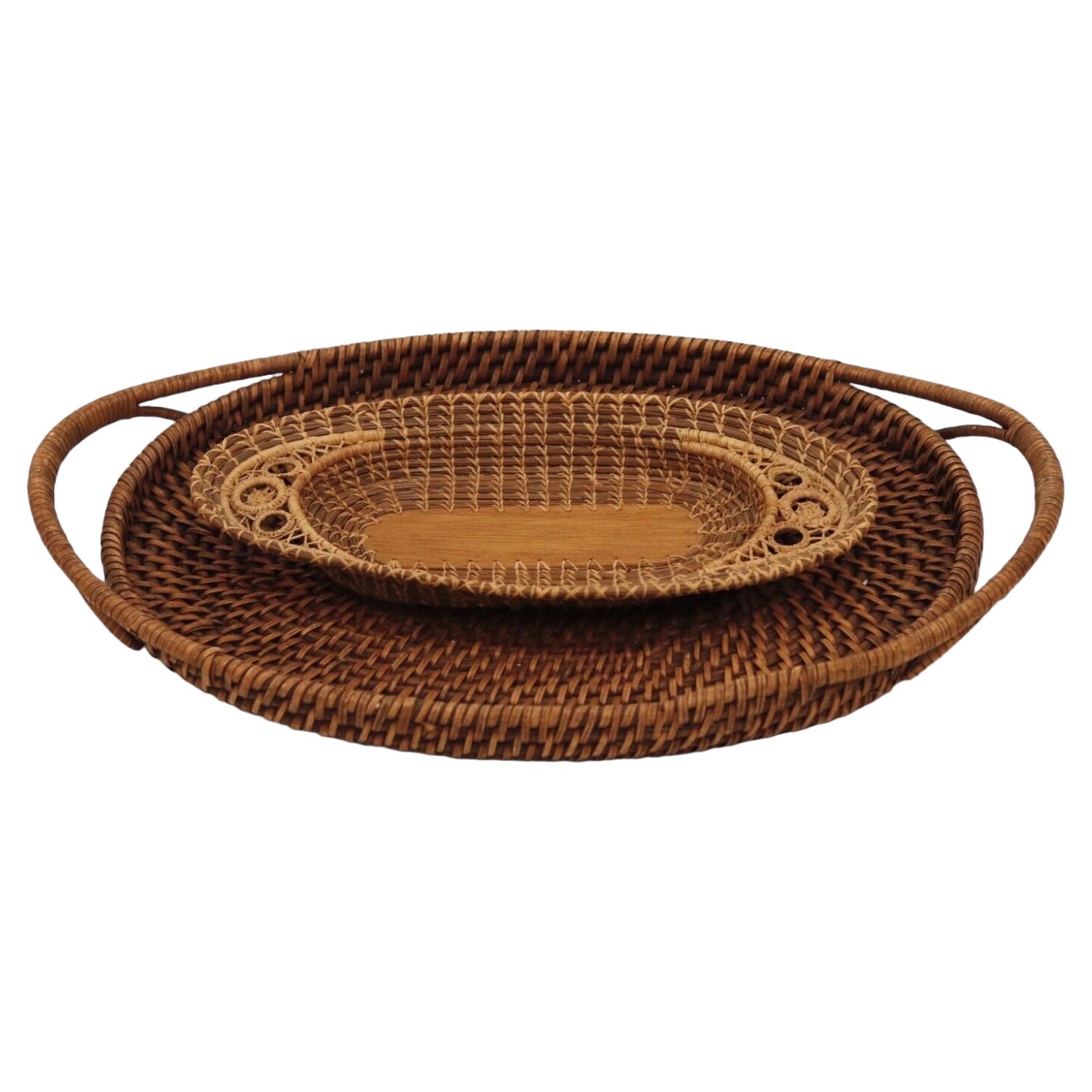 Rattan & Pine Needle Serving Trays - Set of 2 For Sale