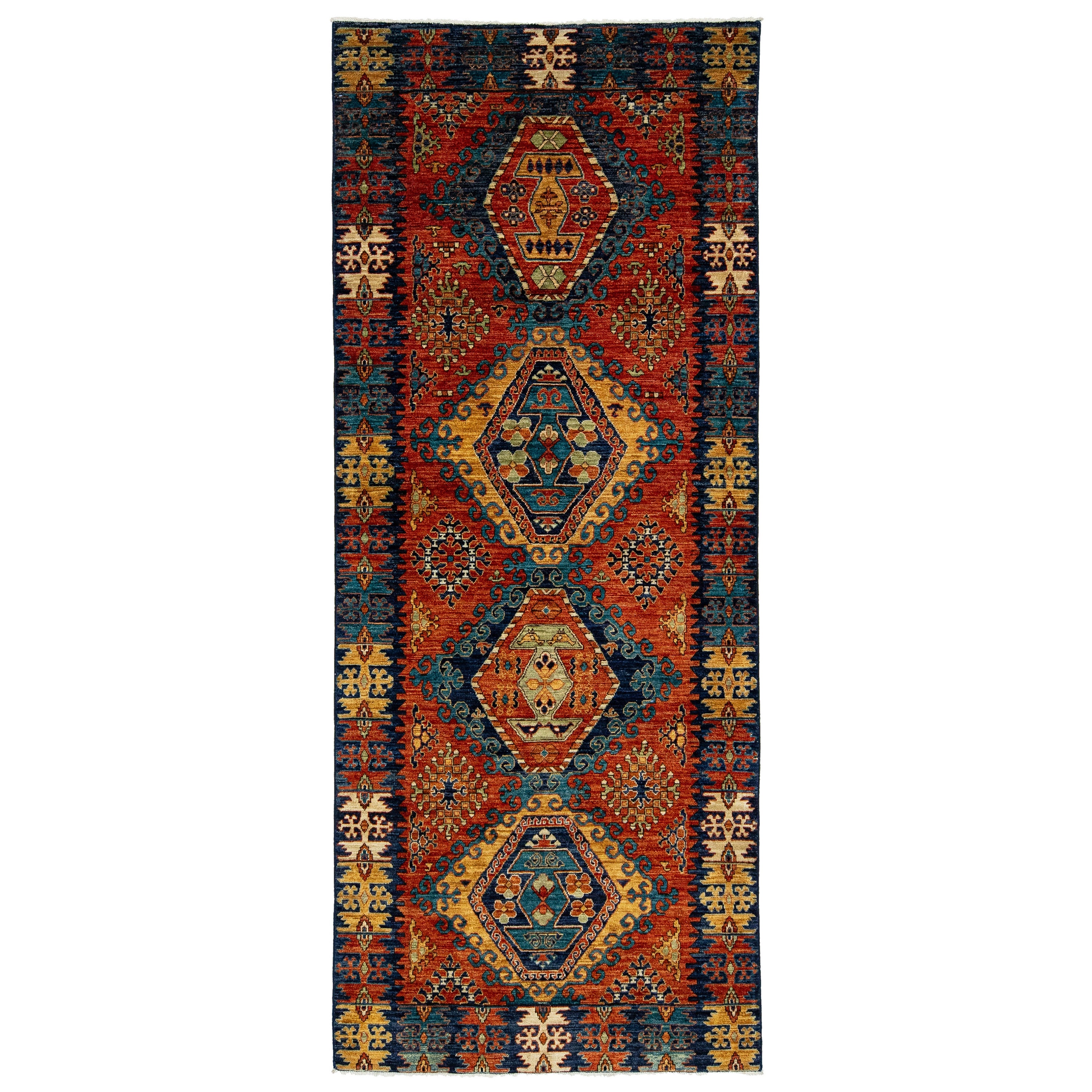 Modern Serapi Style Handmade Wool Runner In Red -Rust Color With Allover Motif For Sale