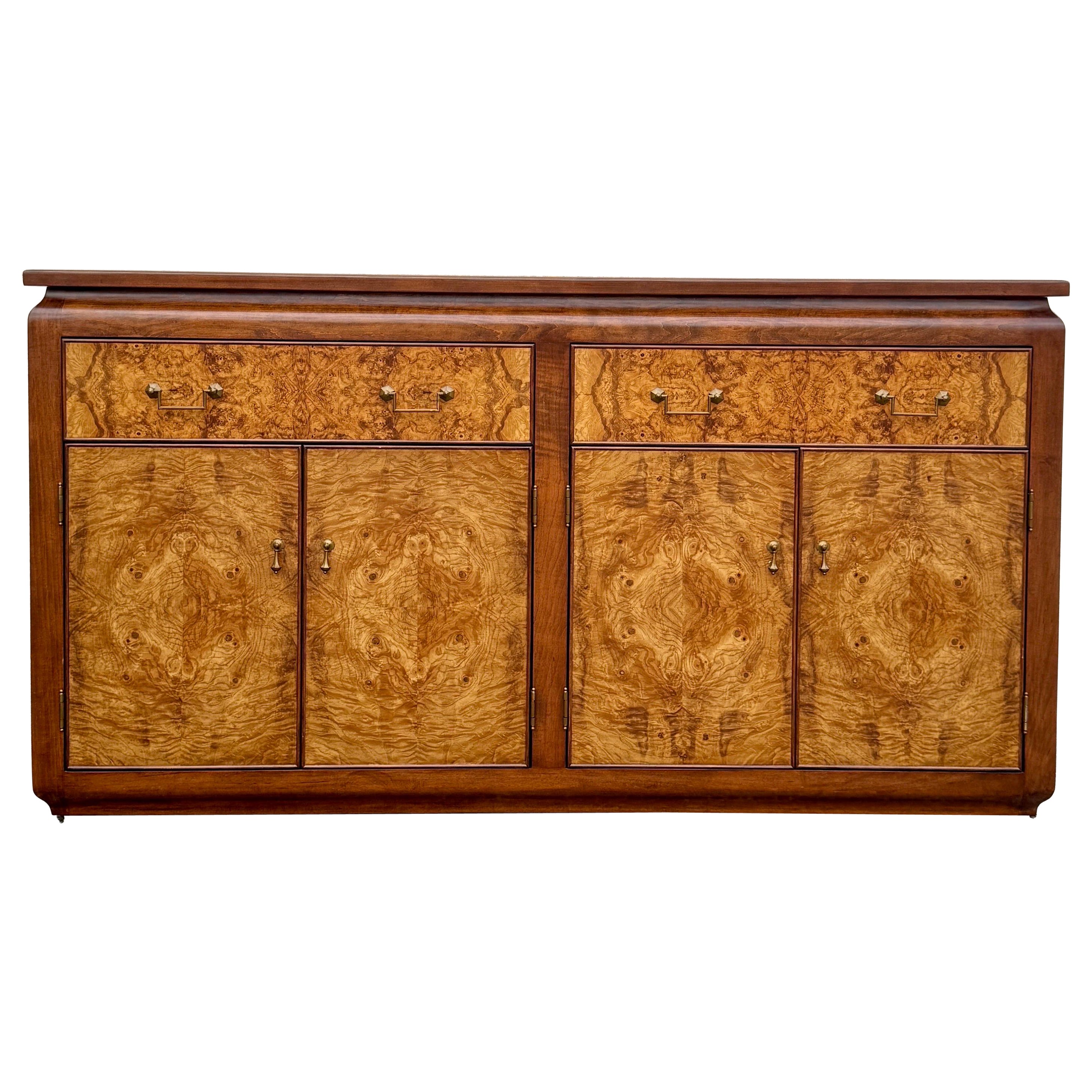 Burl Wood Credenza with Rosewood Trim and Brass Accents by Bau California For Sale