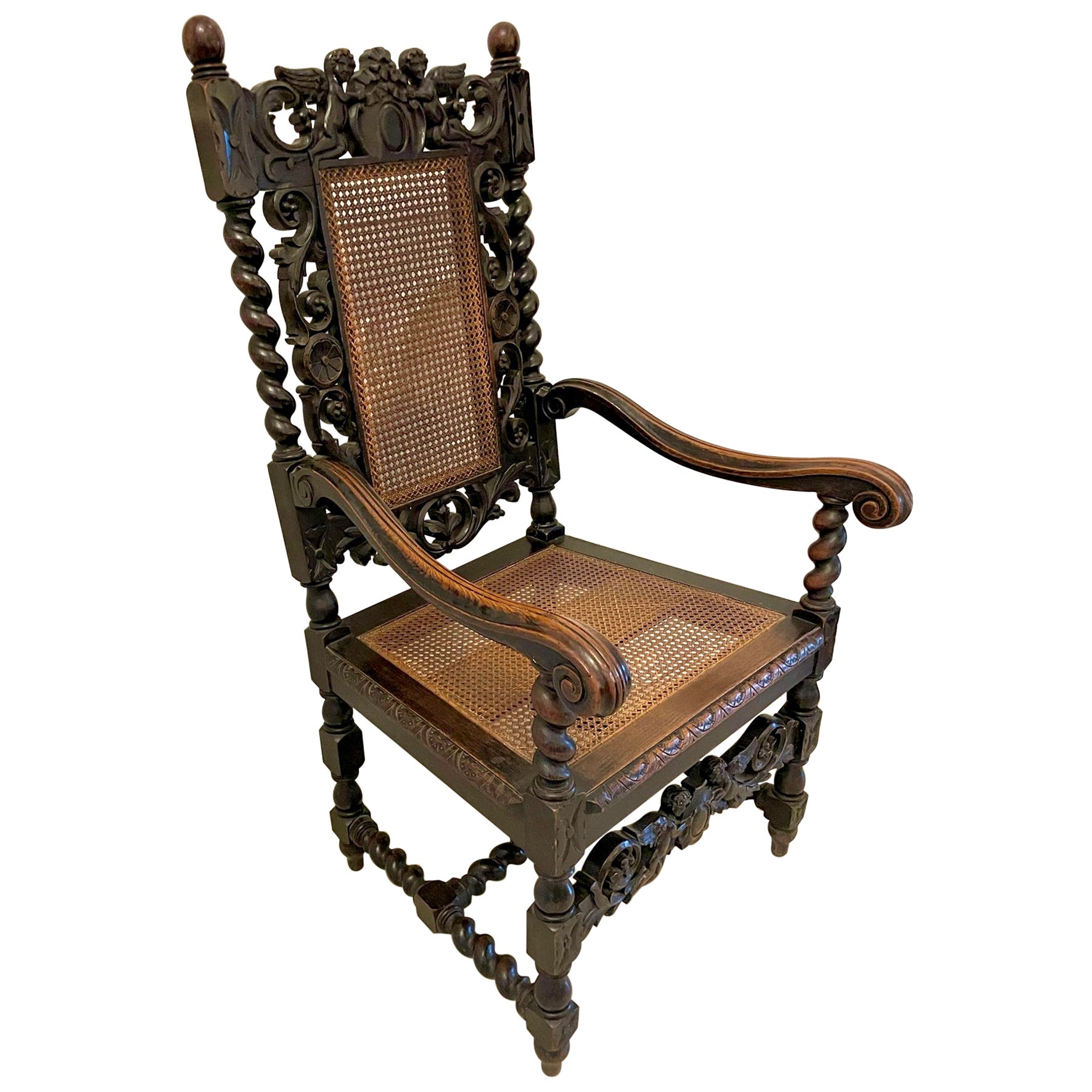  Grande chaise trône victorienne ancienne en chêne sculpté de qualité en vente