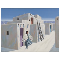 Vintage Deborah Hiatt, acrylic on canvas painting, Pueblo Indian Scene, 1987
