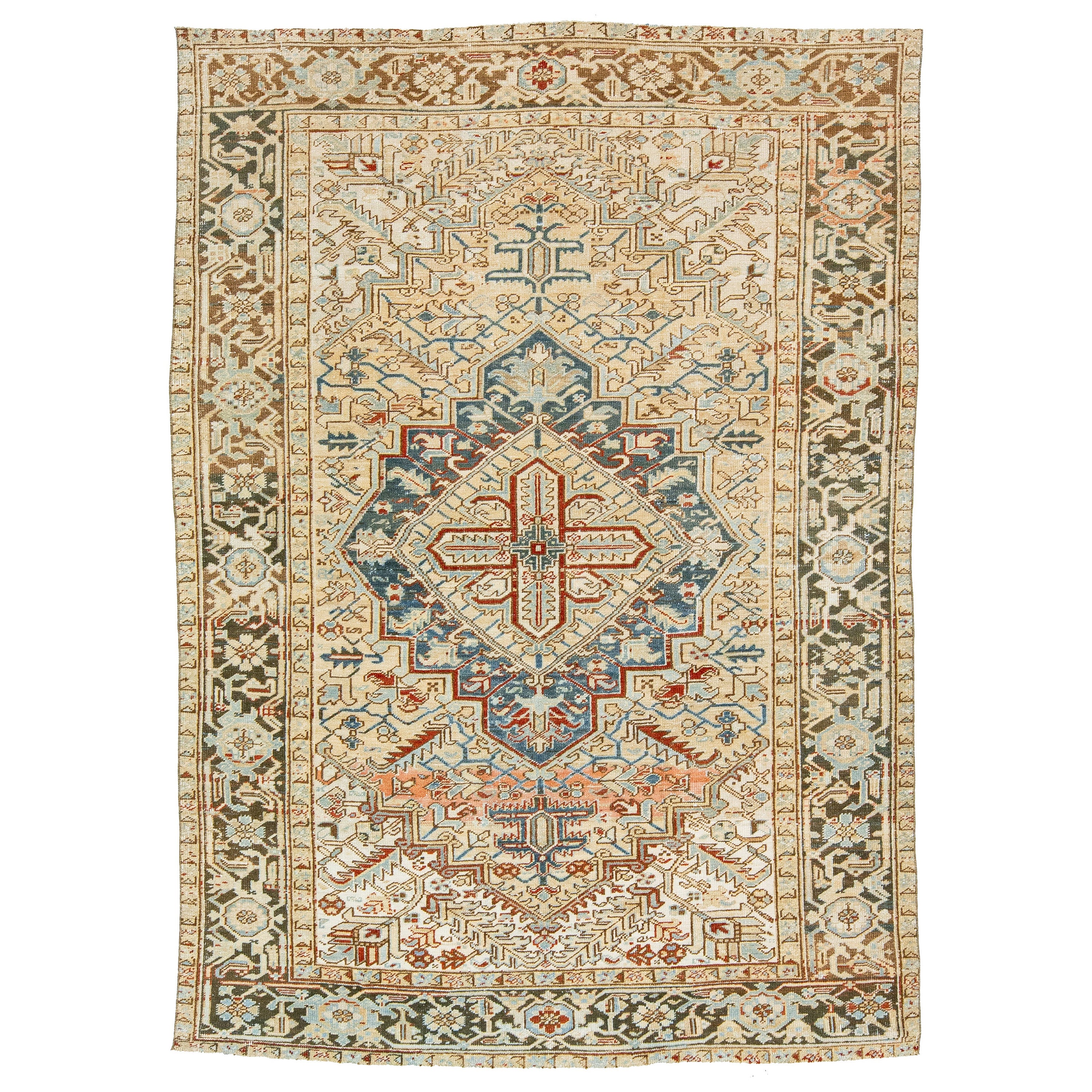 Beige Persian Heriz Antique Wool Rug Featuring a Medallion Motif From The 1920s