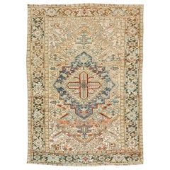 Beige Persian Heriz Antique Wool Rug Featuring a Medallion Motif From The 1920s