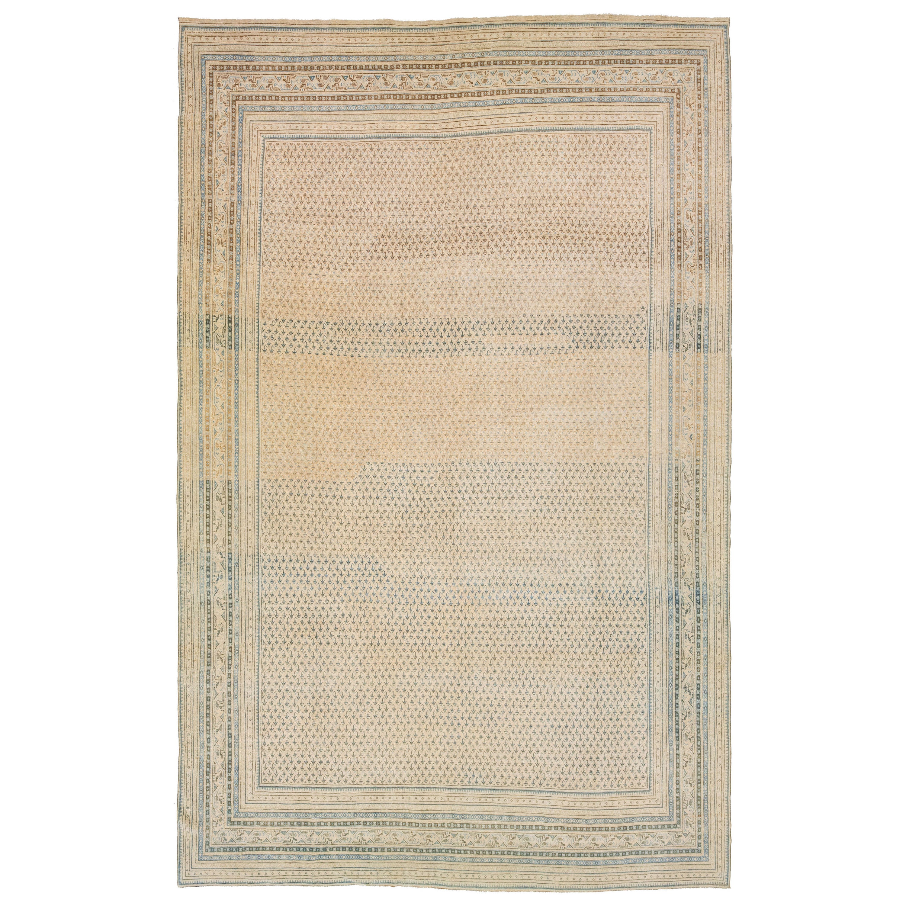 1900s Antike Persische Malayer Allover Wolle Teppich Handgefertigt In Beige