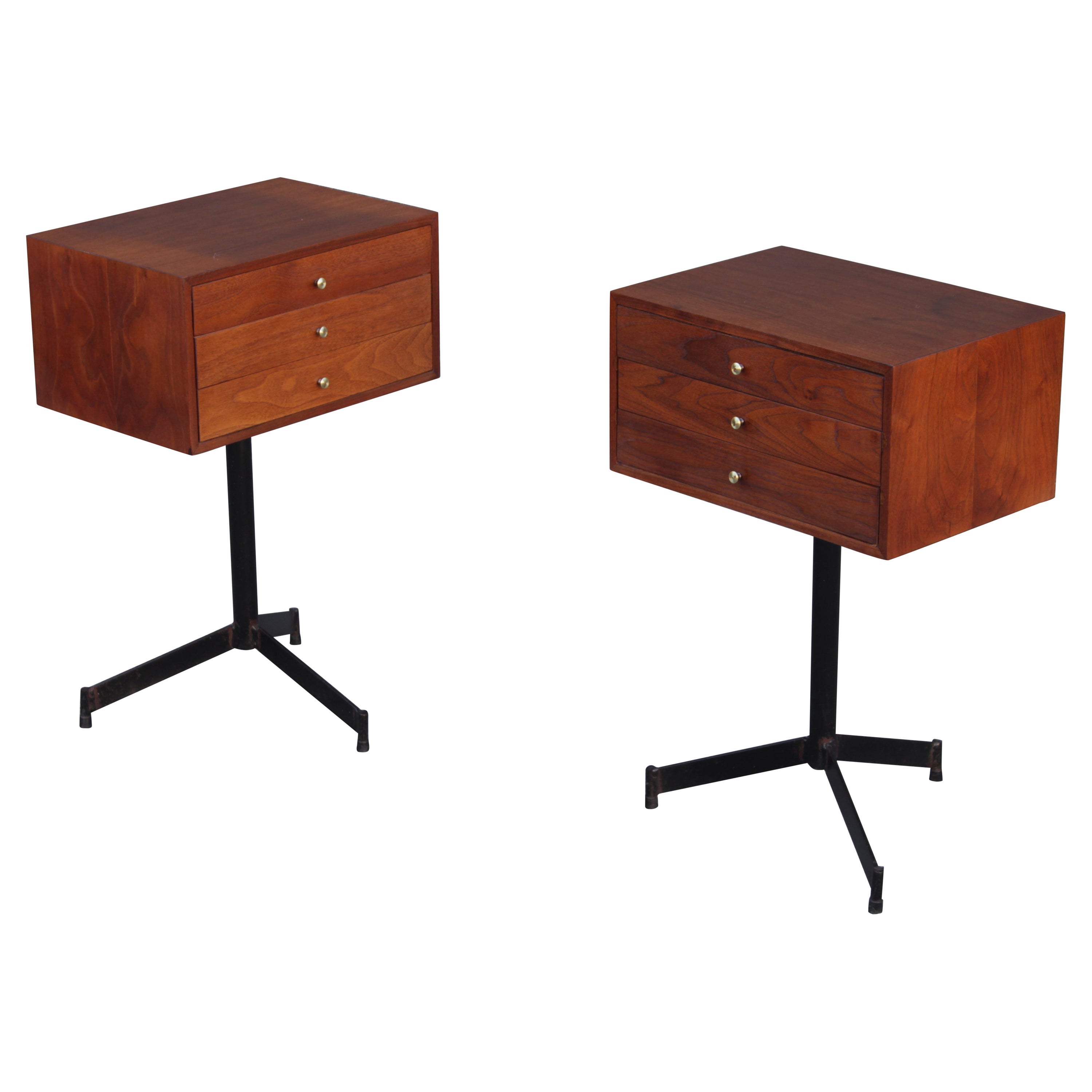 Pair of Walnut and Steel Nightstands or Side or End Tables Mid Century Modern  For Sale