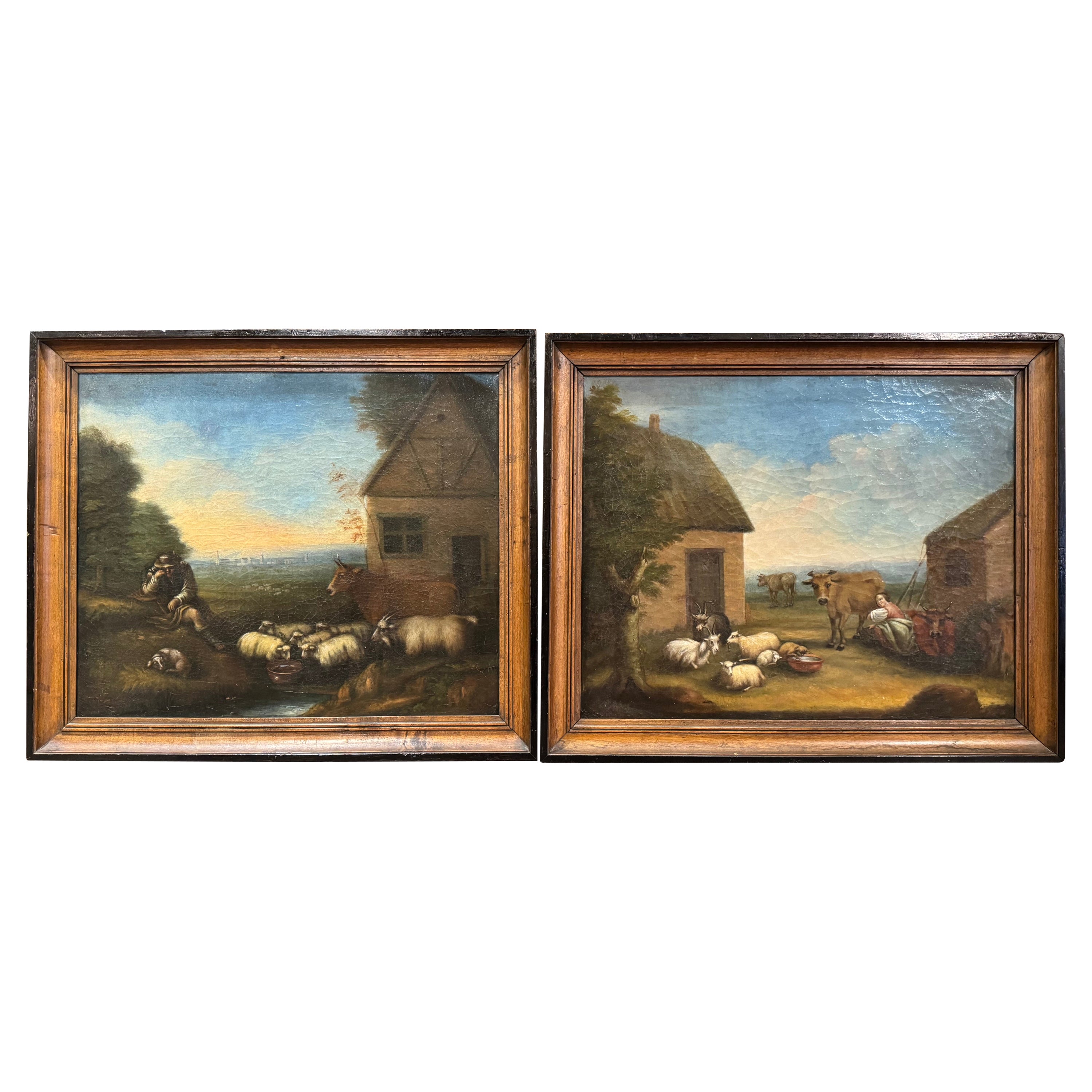 Pair of 19th Century French Signed Pastoral Paintings in Blackened Frames For Sale