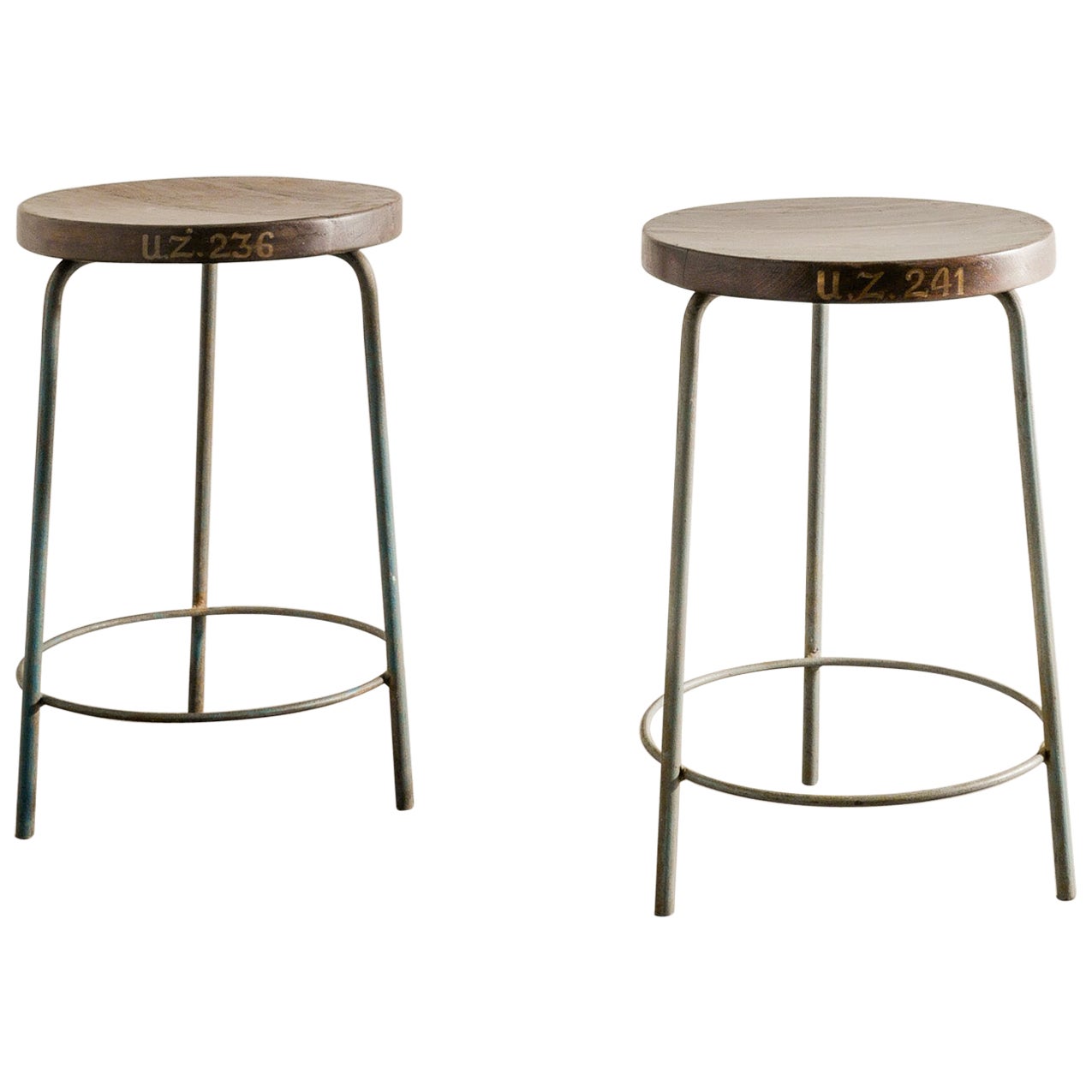 Pair of Mid Century Pierre Jeanneret High Stools in Teak & Iron Produced, 1950s For Sale