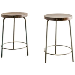 Pair of Mid Century Pierre Jeanneret High Stools in Teak & Iron Produced, 1950s