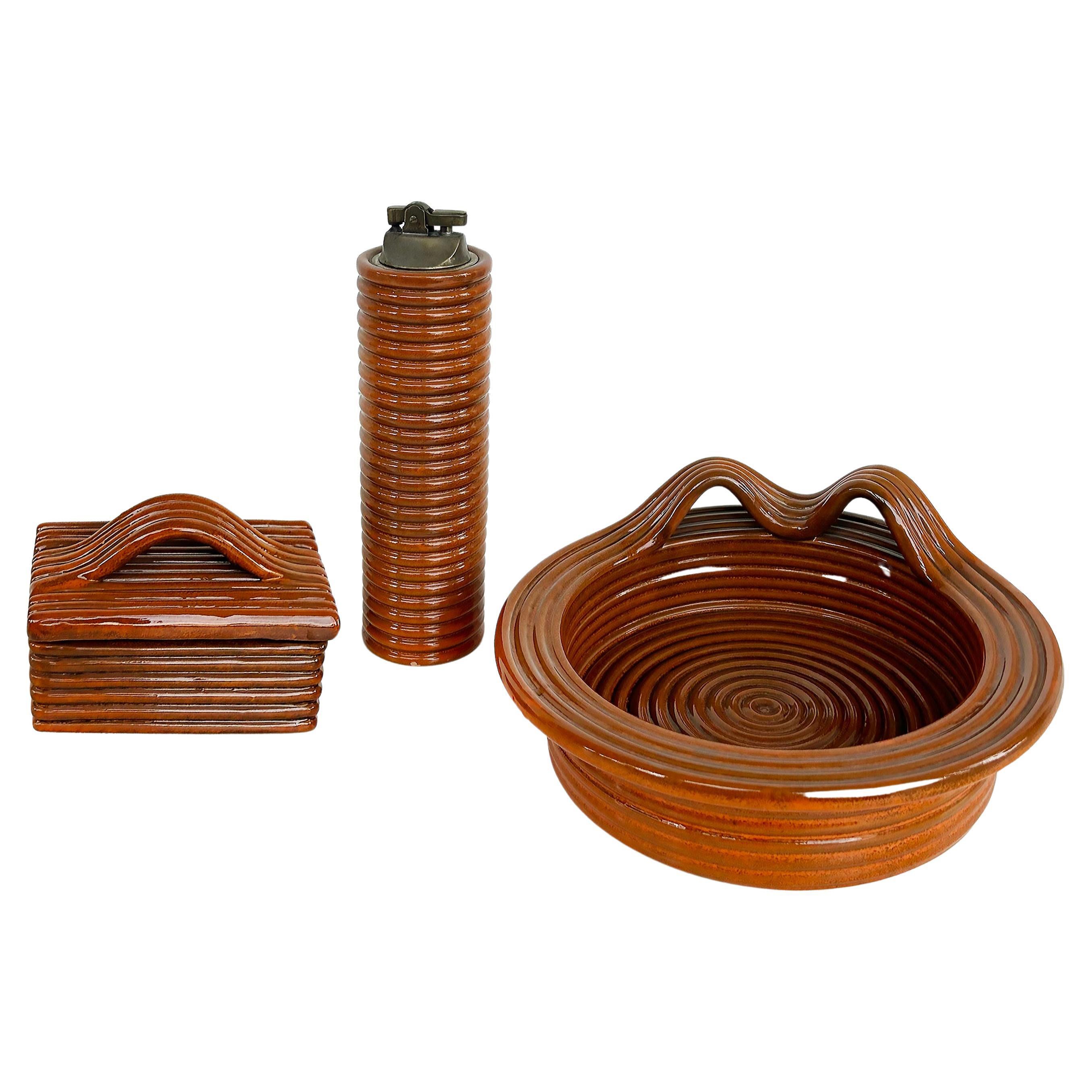 Set à fumer en céramique émaillée du milieu du siècle Raymor Italie, boîte, briquet et cendrier
