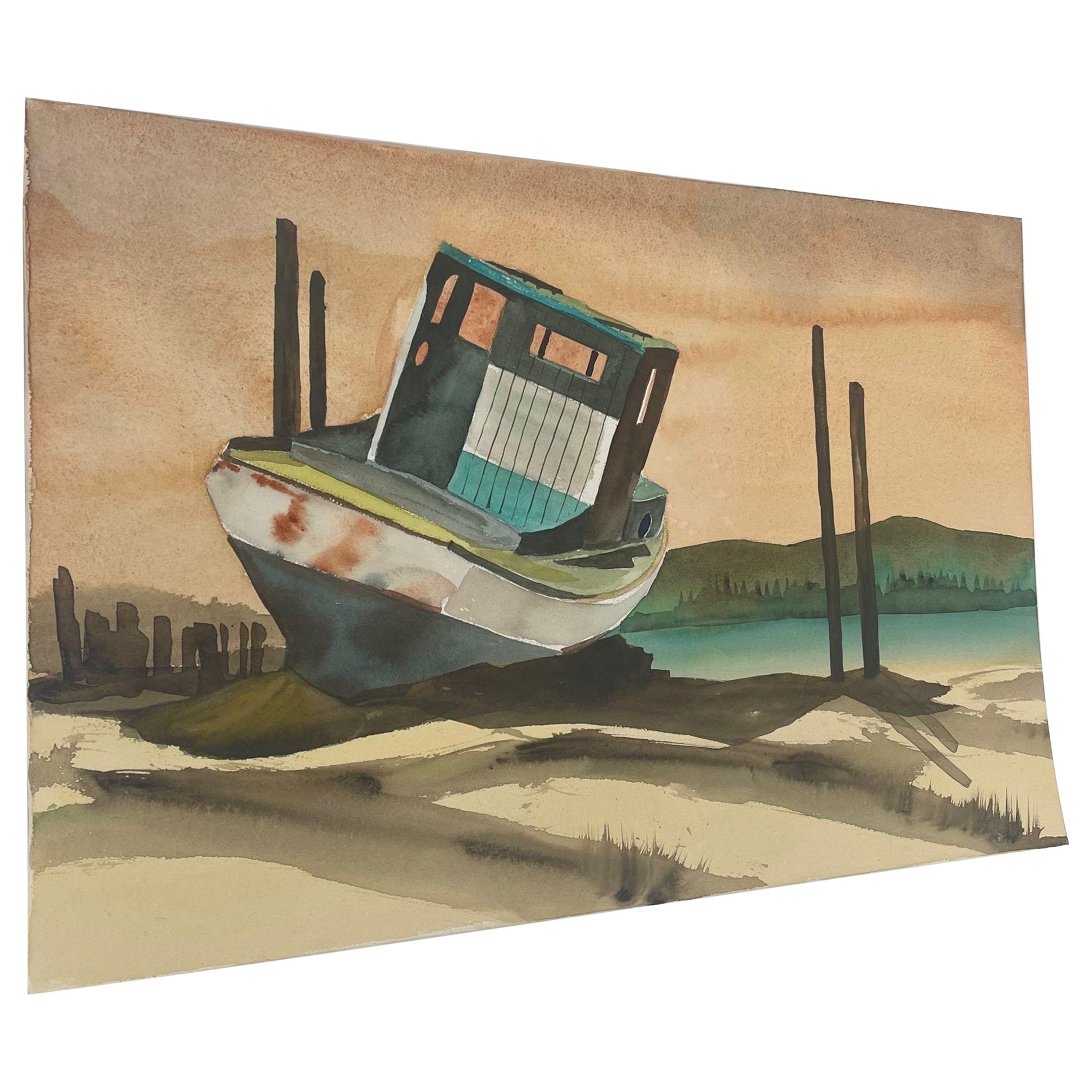 Vintage Landscape Artwork on Paper of Beached Boat. For Sale