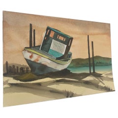 Œuvre d'art de paysage vintage sur papier d'un bateau de plage.