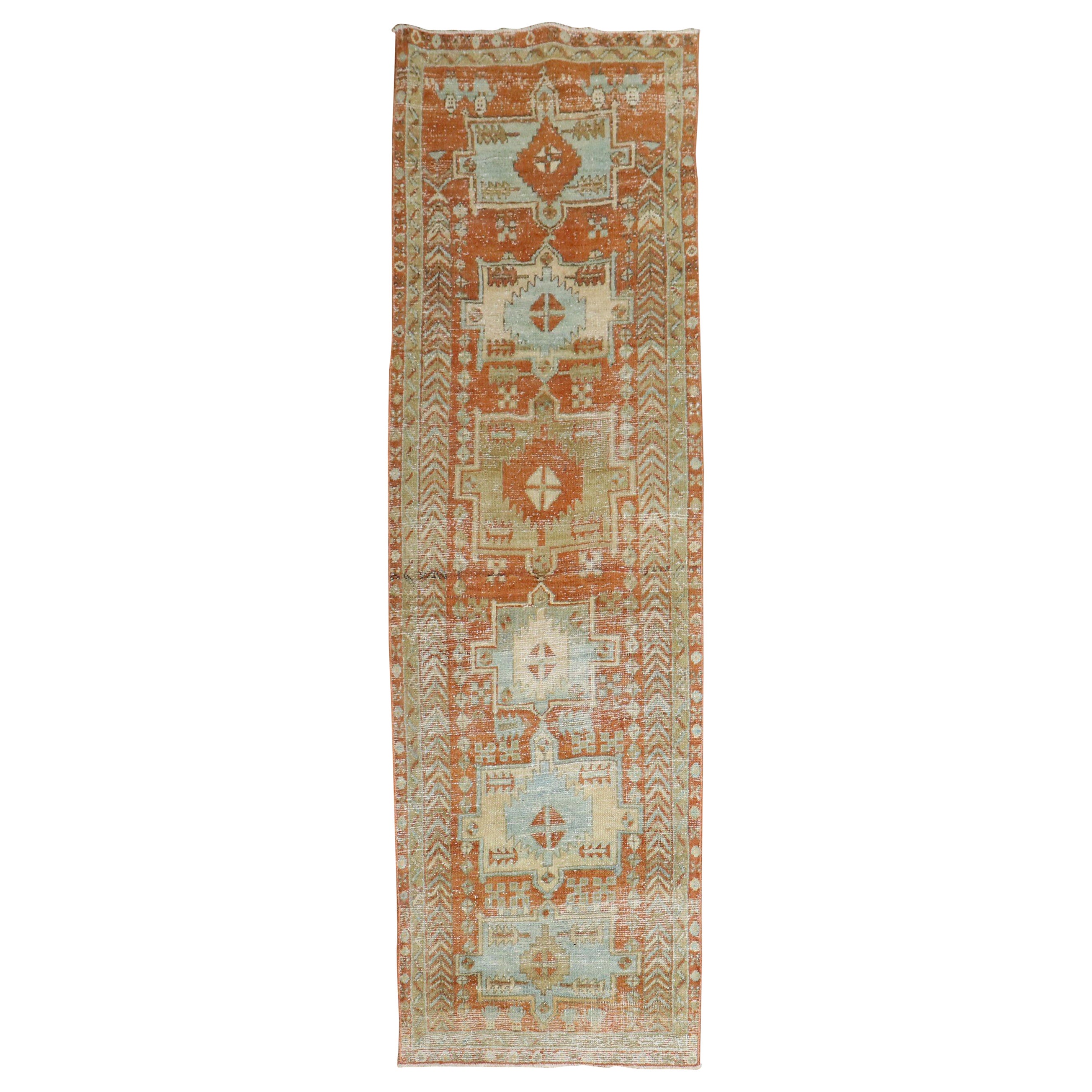 Zabihi Collection Worn Orange Persian Heriz Runner For Sale