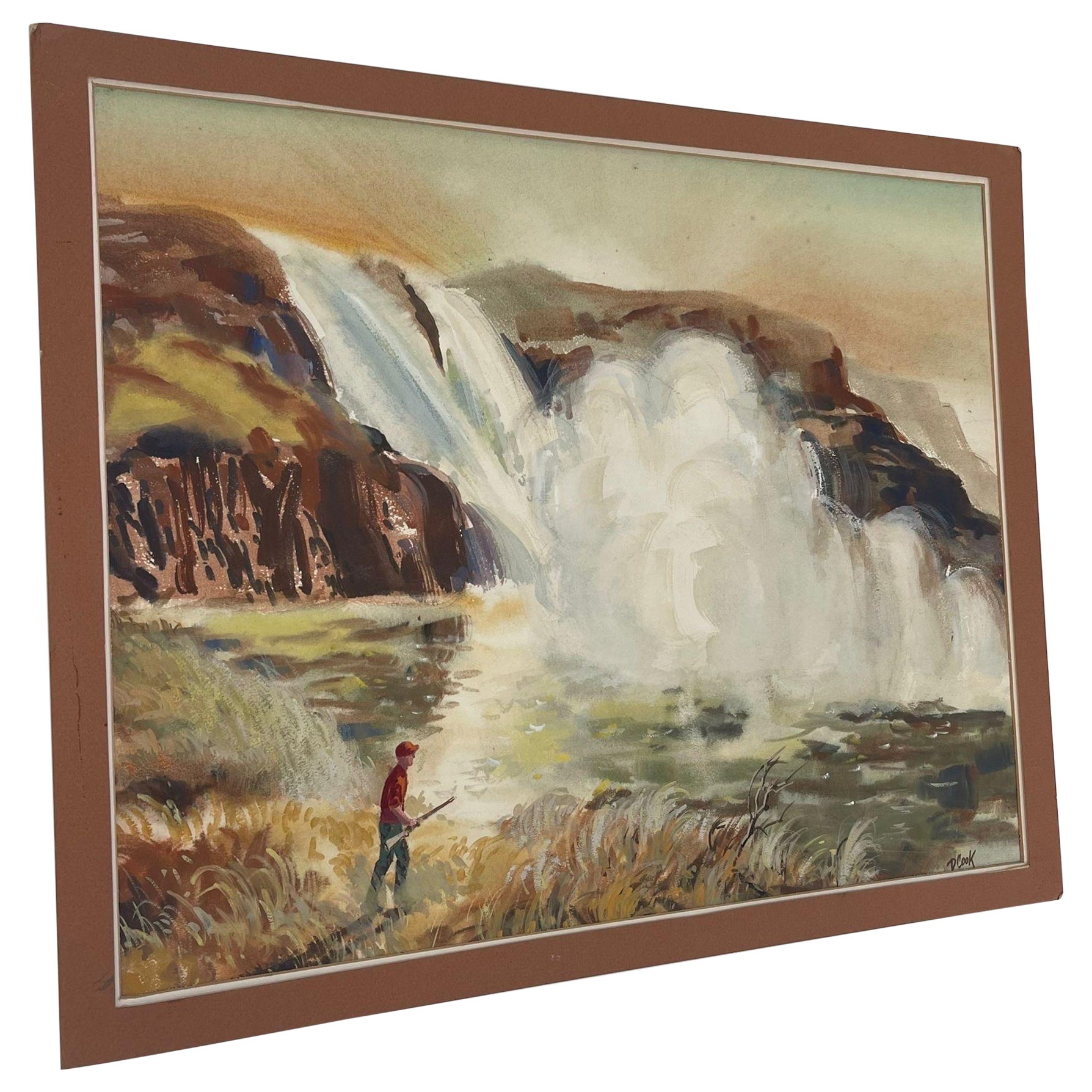 Signiertes Vintage-Kunstwerk mit Wasserfall und Jäger-Landschaft.