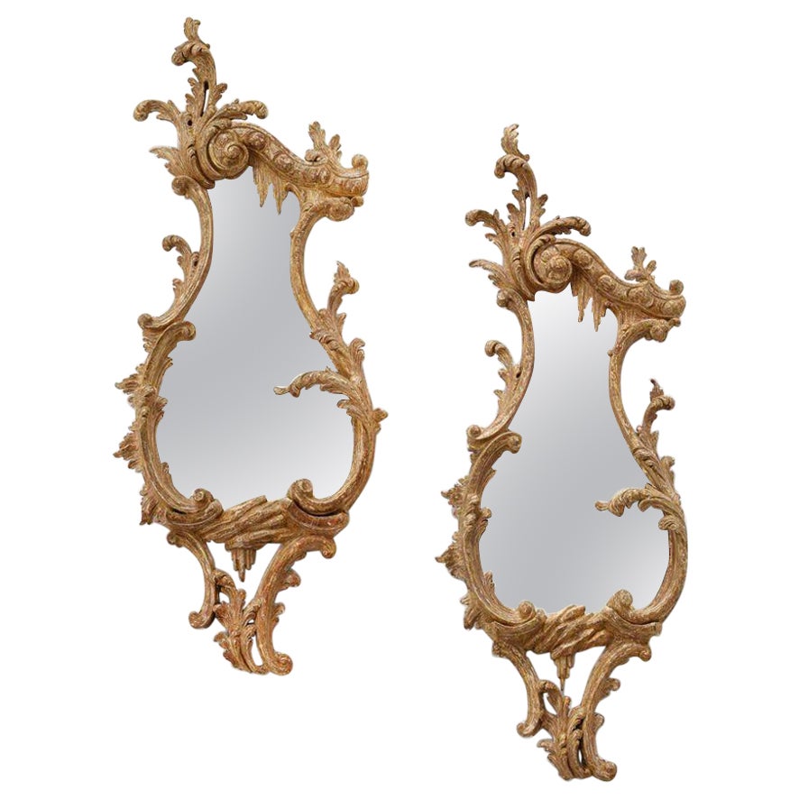 Pair of English Carved Rococo Cartouche Shaped Looking Glasses For Sale