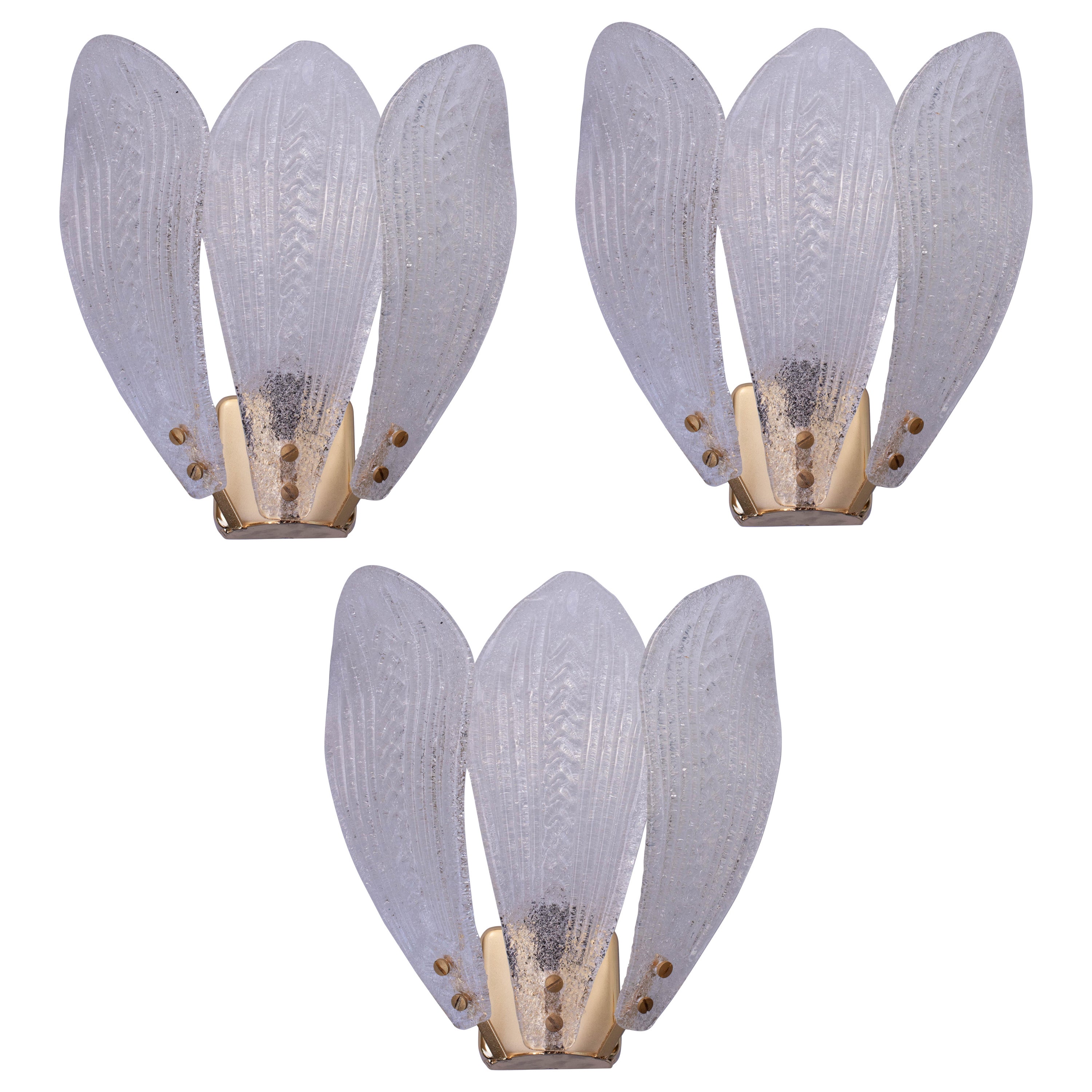 Set of 3 Murano Wall Light Transparent Leaves, 1980s