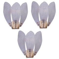 Set of 3 Murano Wall Light Transparent Leaves, 1980s