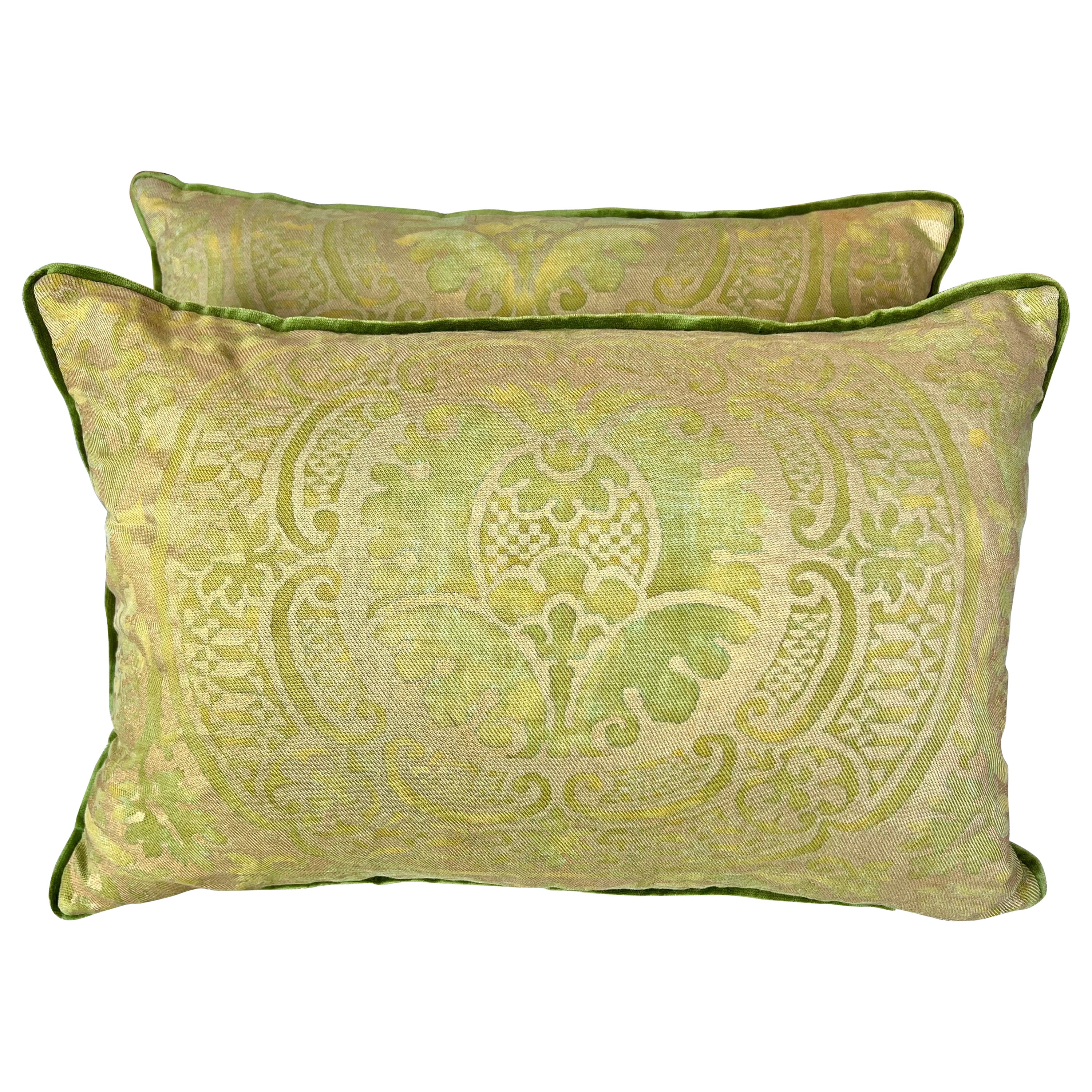 Pair of Green Orsini Patterned Fortuny Pillows w/ Velvet Backs