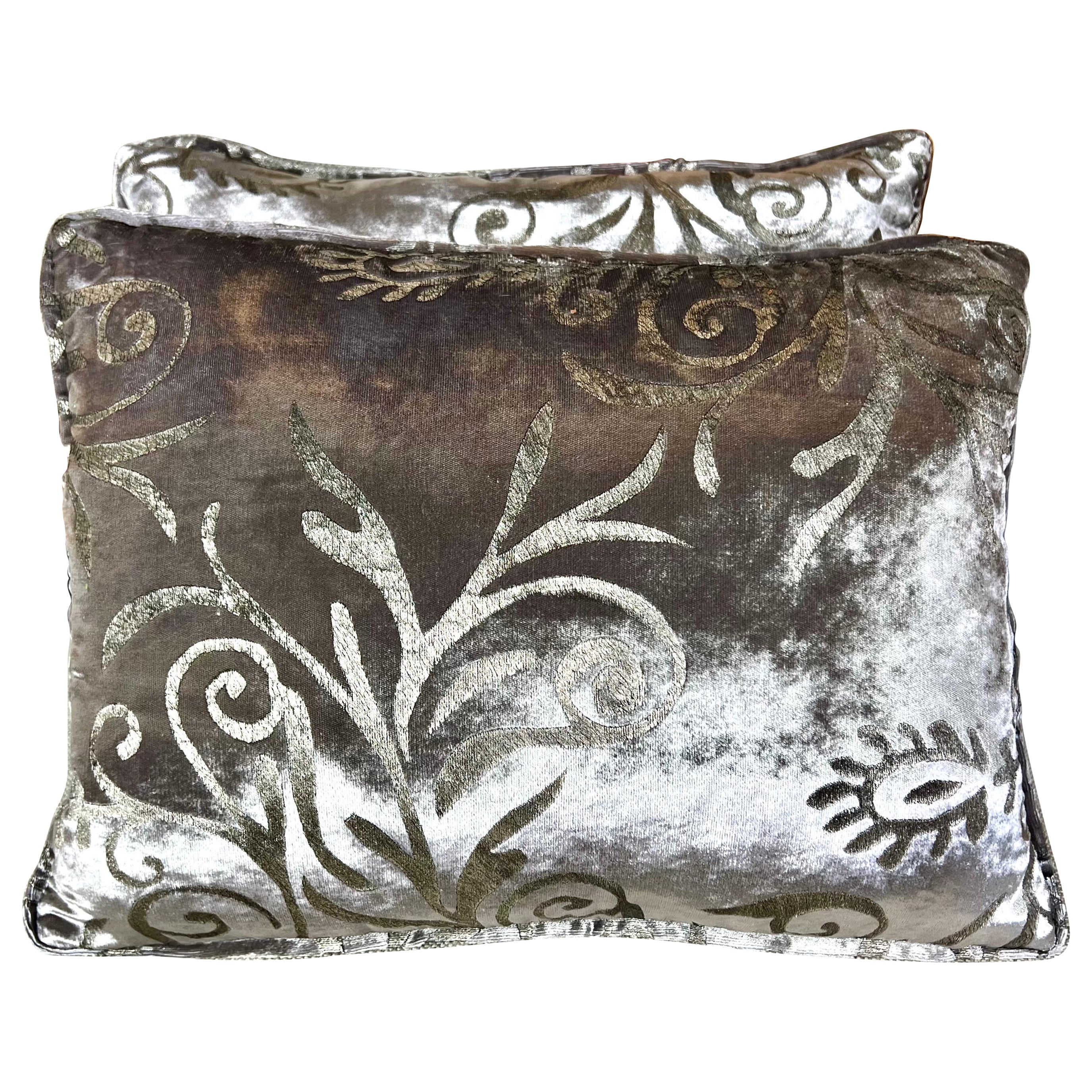 Pair of Nomi Silk Velvet Gray Pillows w/ Metallic Stenciling For Sale