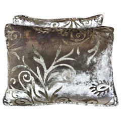 Vintage Pair of Nomi Silk Velvet Gray Pillows w/ Metallic Stenciling