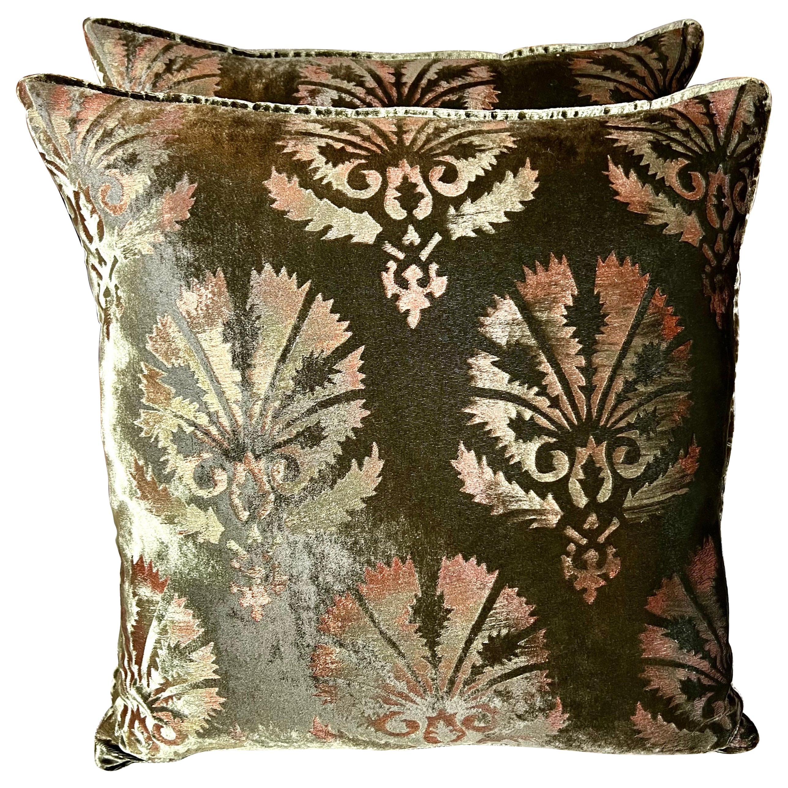 Pair of Custom Nomi Textiles Velvet Stenciled Pillows For Sale