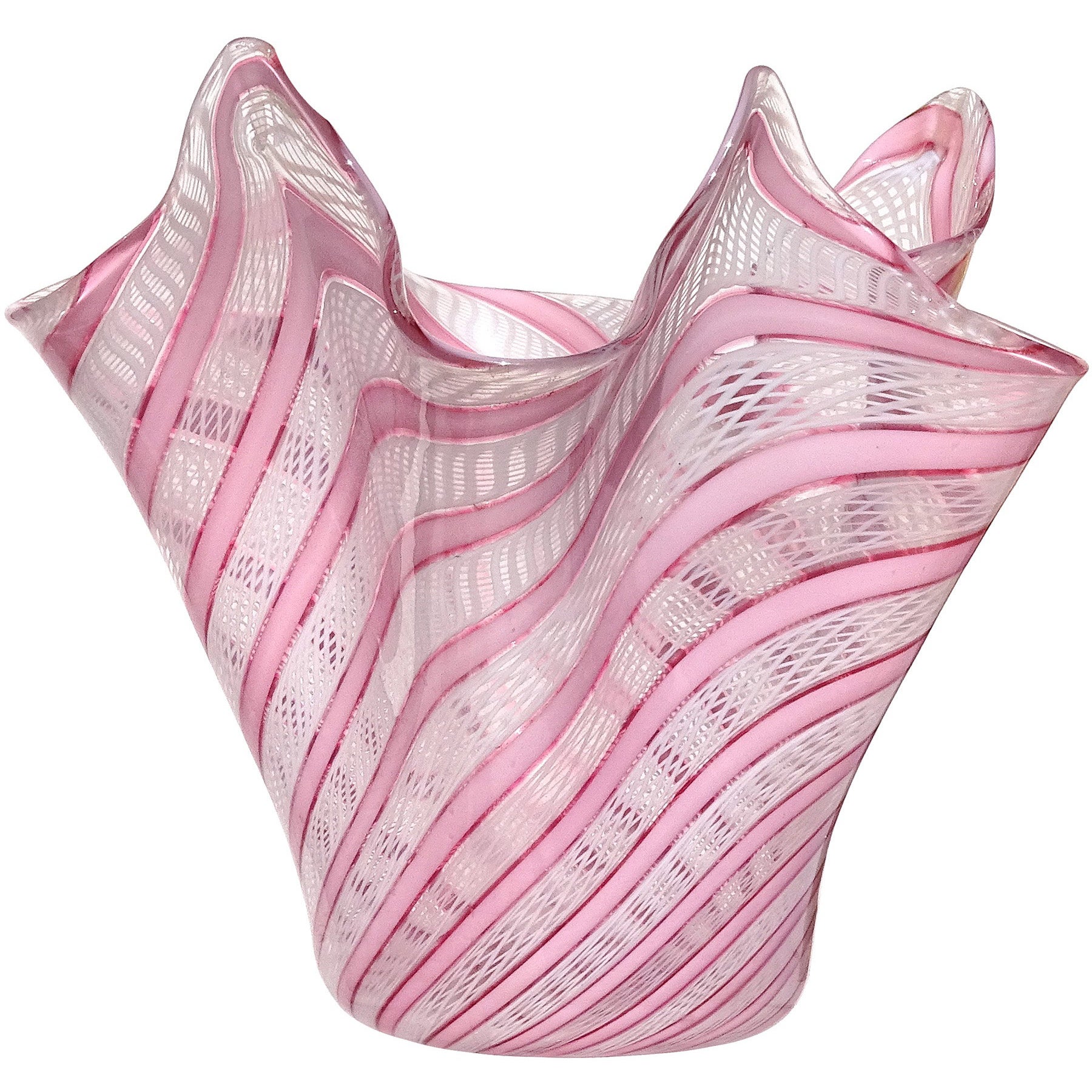 Fratelli Toso Murano Pink White Ribbons Italian Art Glass Fazzoletto Flower Vase For Sale