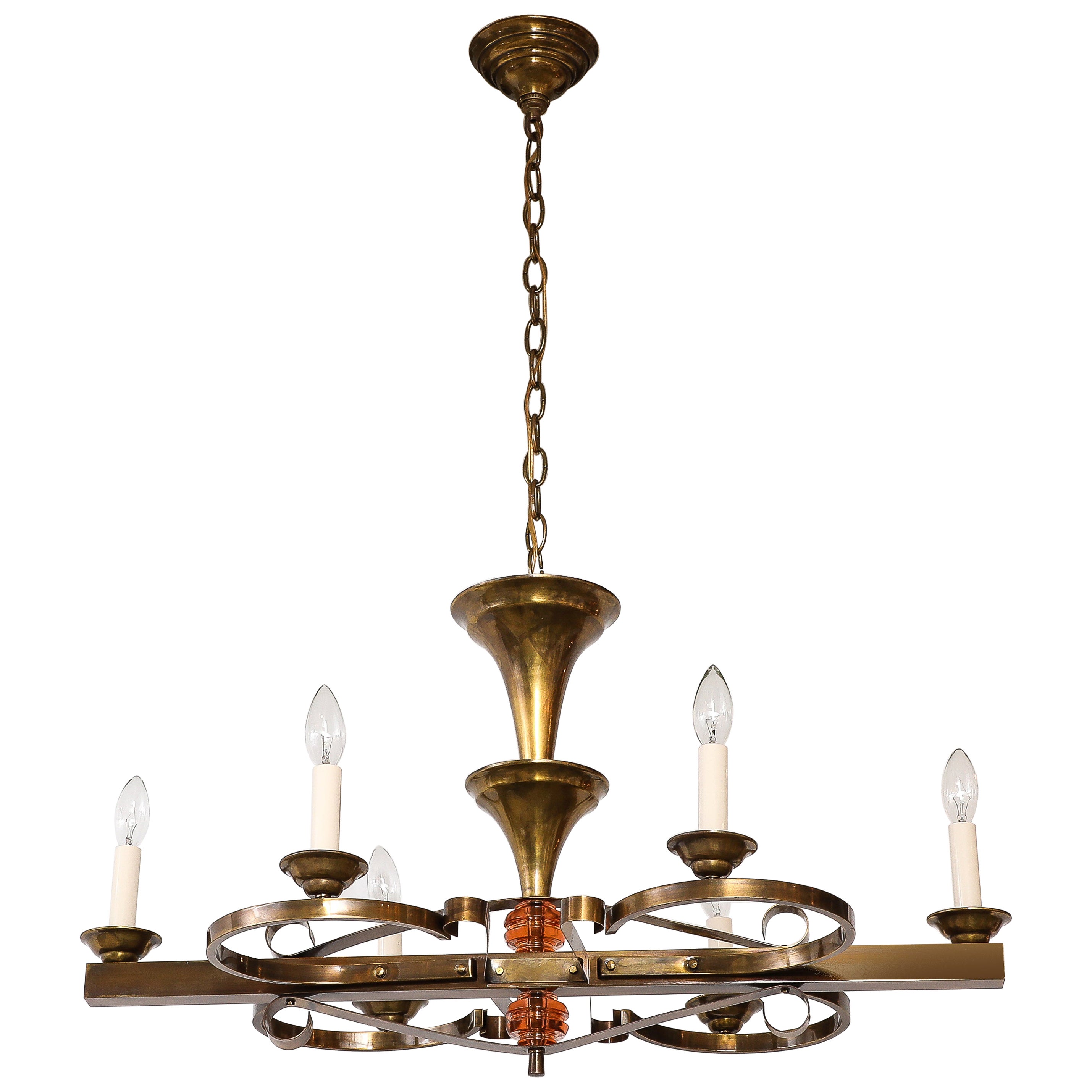 1940's French Art-Deco 6 Arm Brass Chandelier For Sale