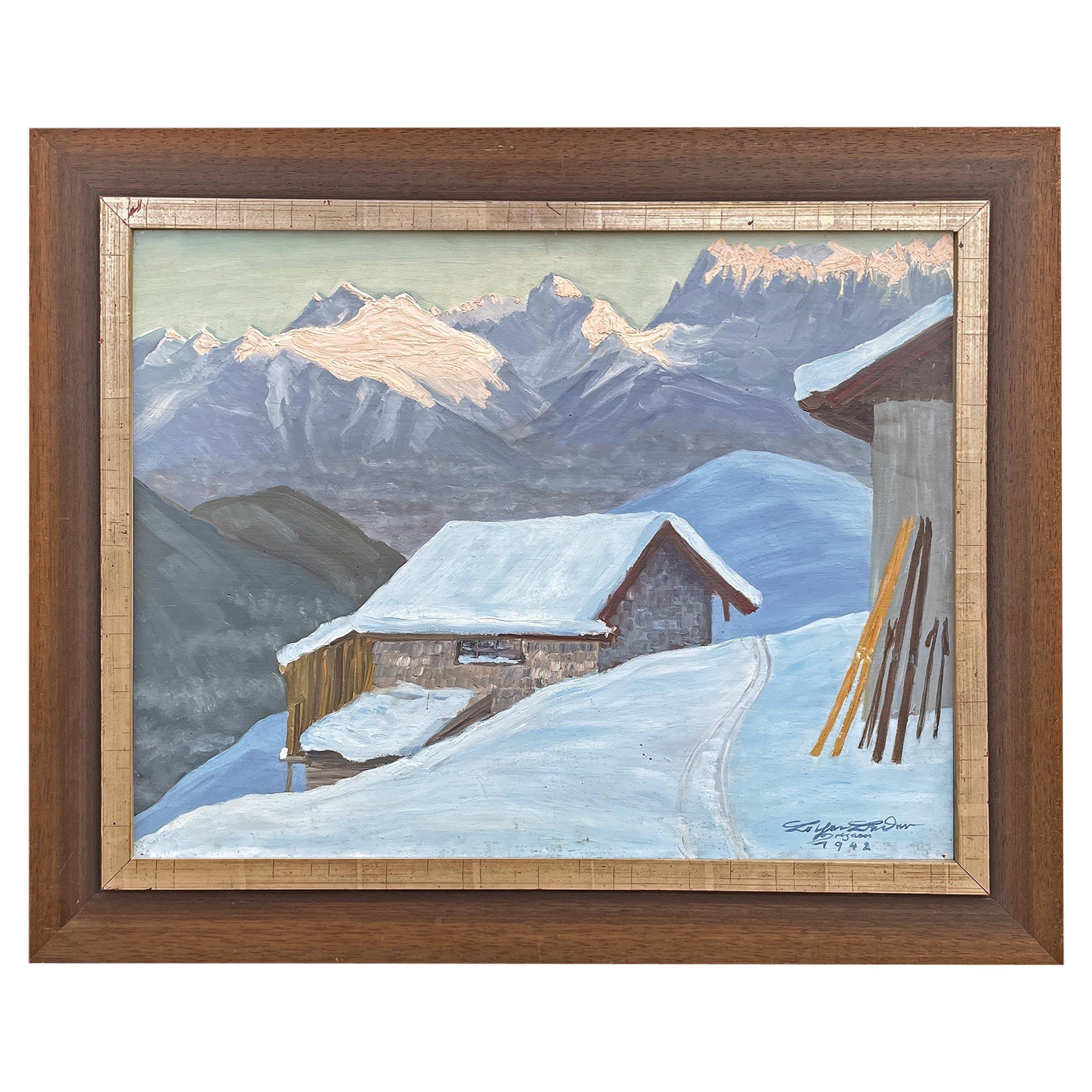 Ski Painting “Last Light” oil on canvas by Lothar Bader –  1942