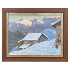 Vintage Ski Painting “Last Light” oil on canvas by Lothar Bader –  1942