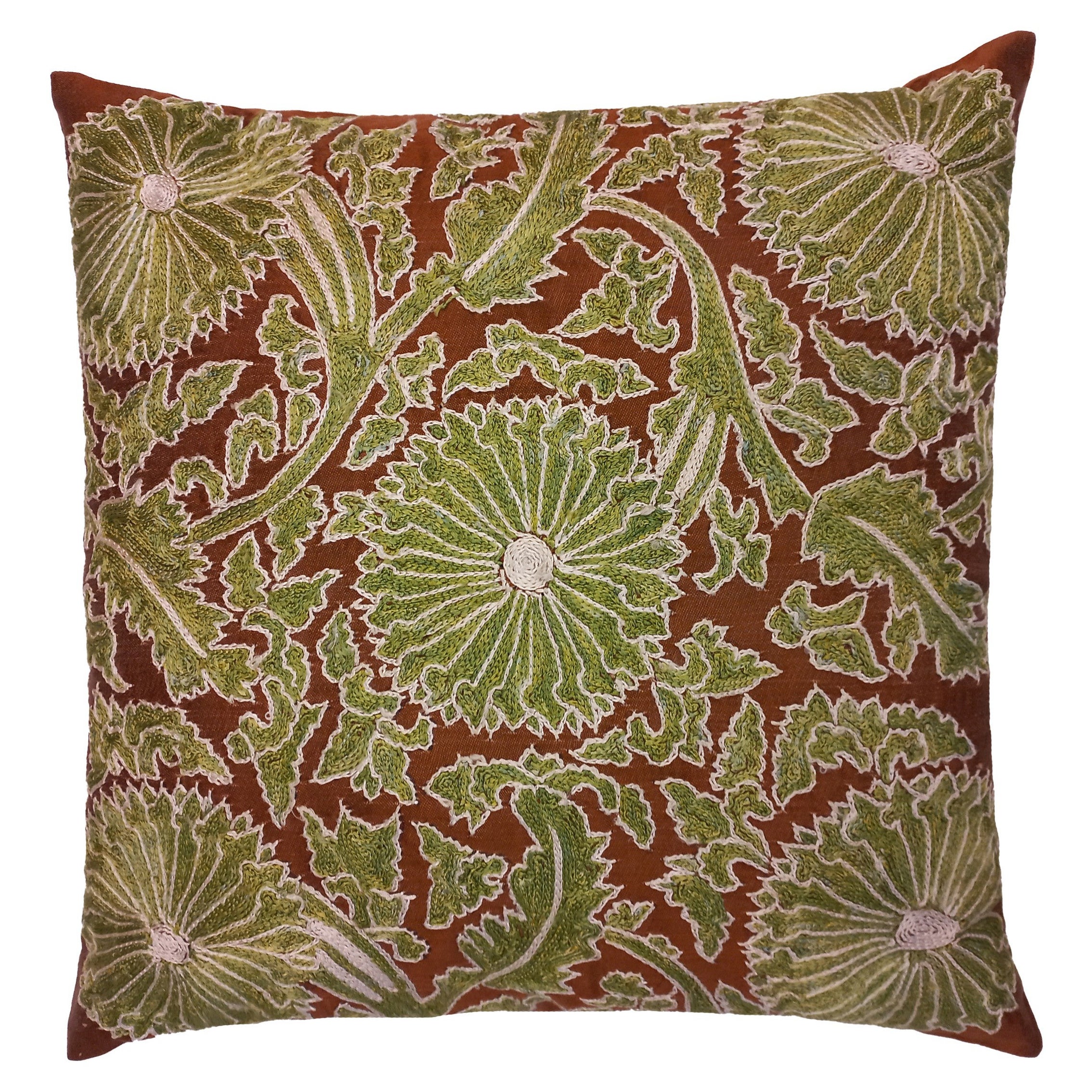 18"x19" Embroidered 100% Silk Cushion Cover in Brown & Green, Suzani Pillowcase