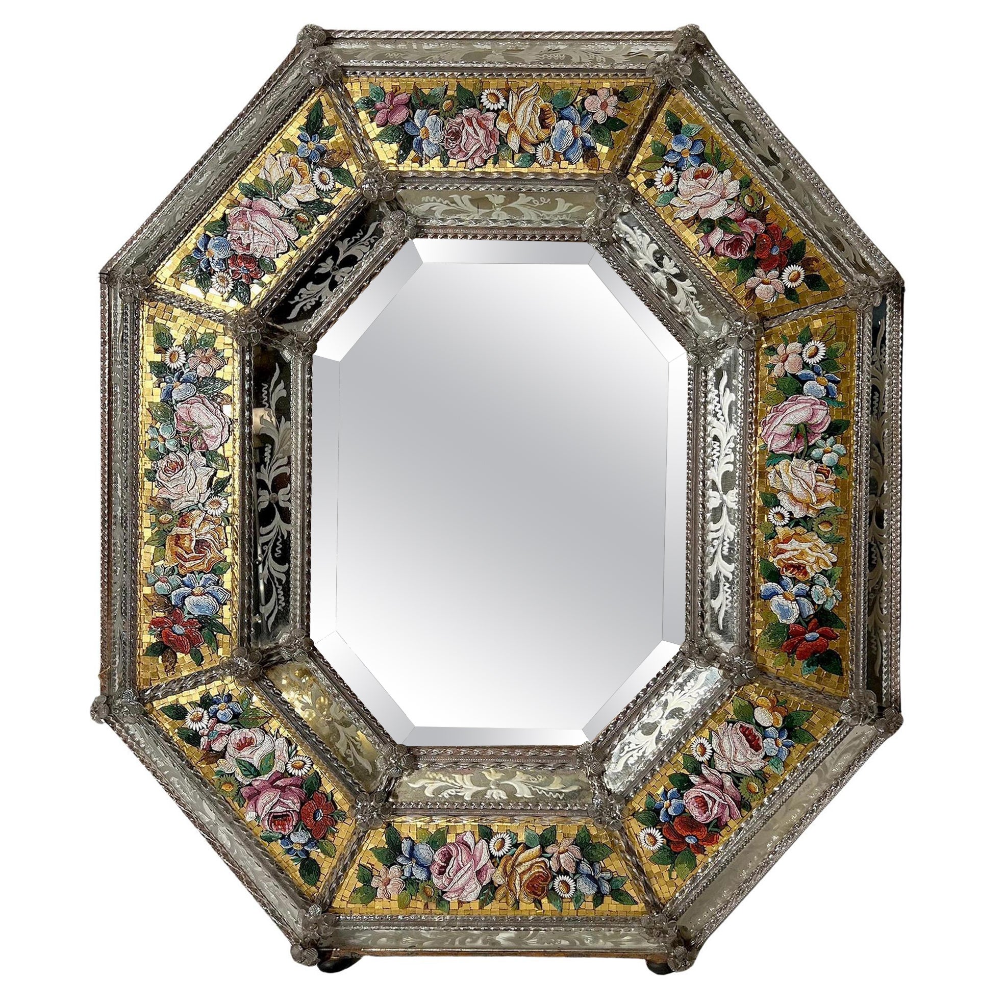 Rare octagonal Venetian mirror in etched glass and micro-mosaic, Circa 1865 For Sale