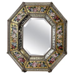 Vintage Rare octagonal Venetian mirror in etched glass and micro-mosaic, Circa 1865