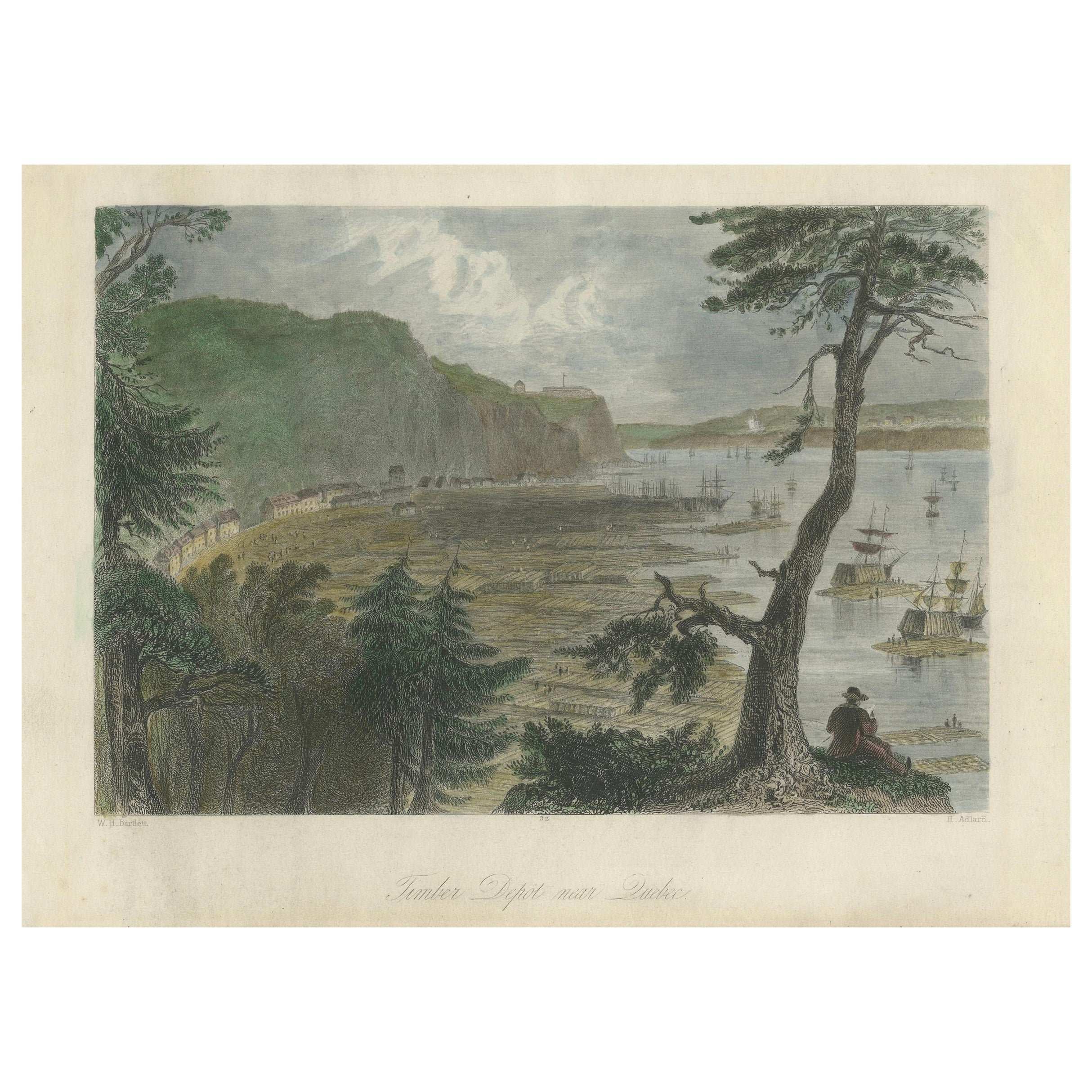 Engraving of a Wood Depot on the St Lawrence River near the City of Quebec, 1850 For Sale