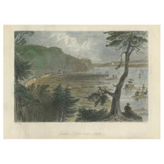 Gravure d'un dépôt de bois sur la rivière St Lawrence, près de la ville du Québec, 1850