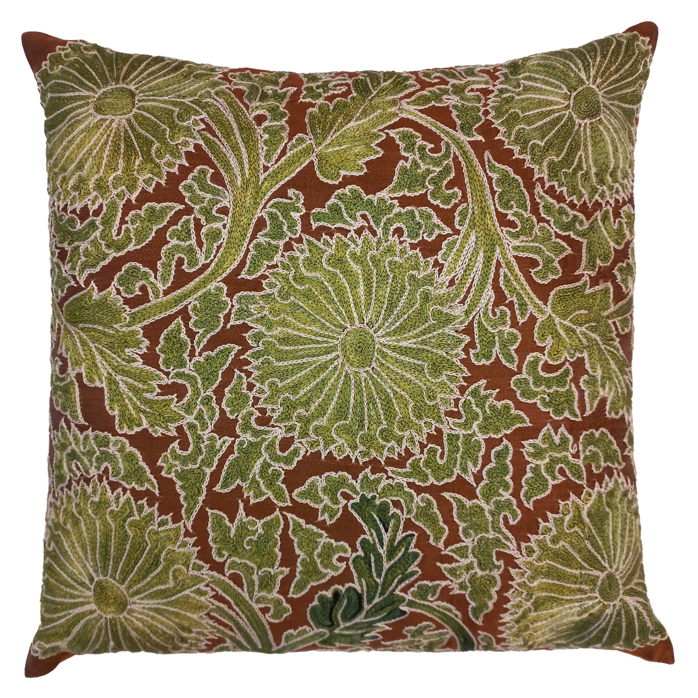 18"x18" Hand Embroidered 100% Silk Handmade Throw Pillow Cover in Brown & Green For Sale