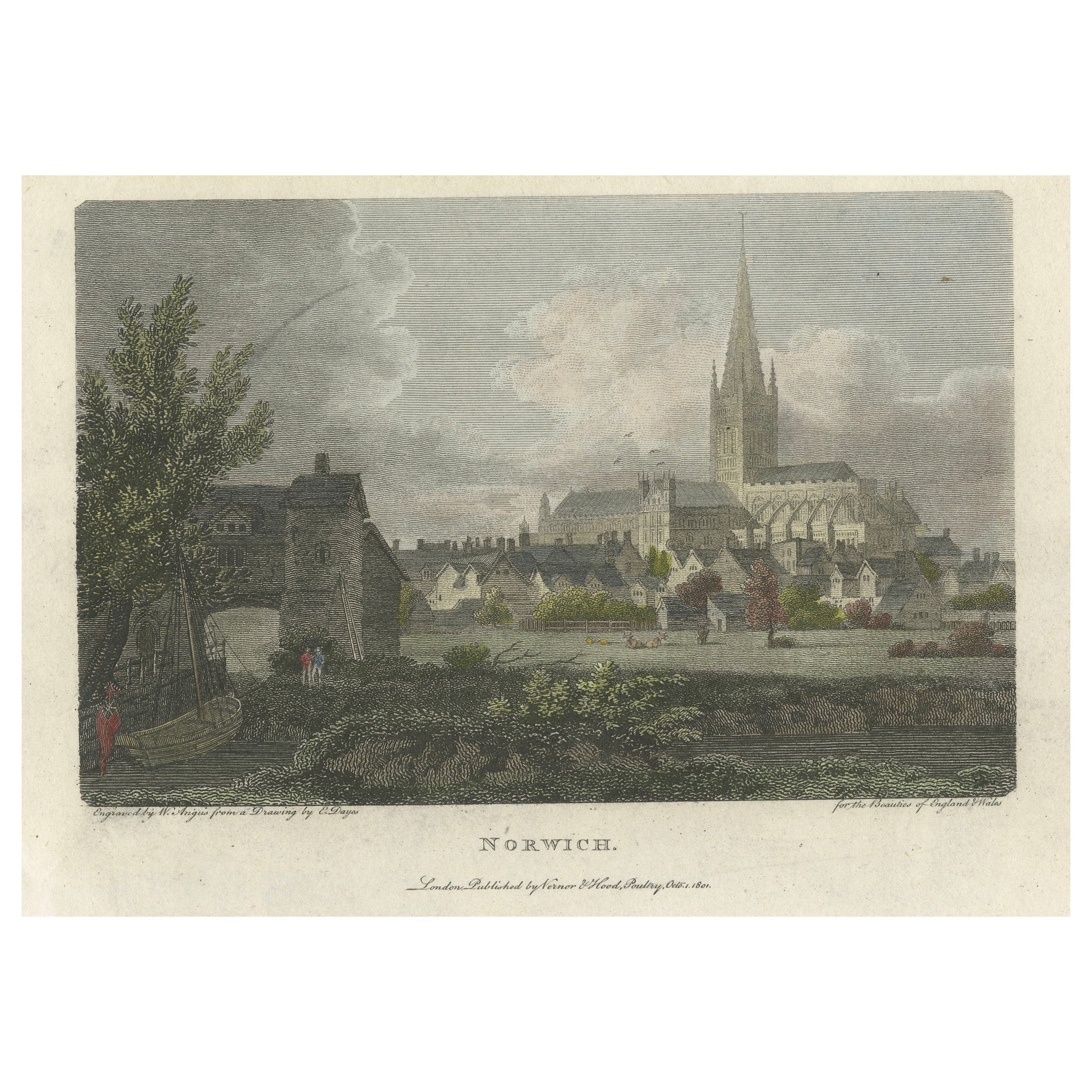 Enchanting Norwich: A Historical 1801 Engraved View by W. Angus and E. Dayes For Sale