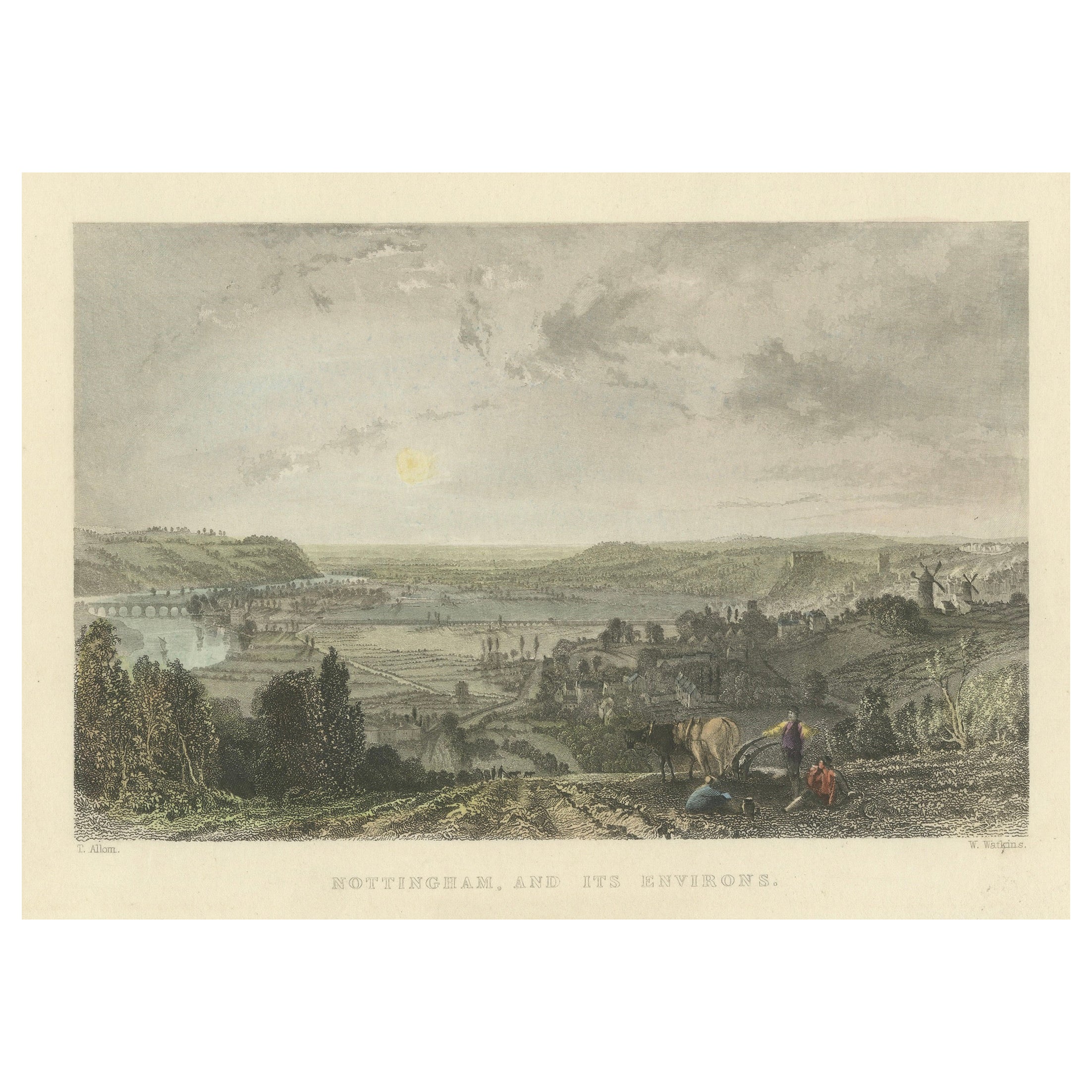 View of Nottingham and the Trent River in a Steel-Engraving, 1836 For Sale