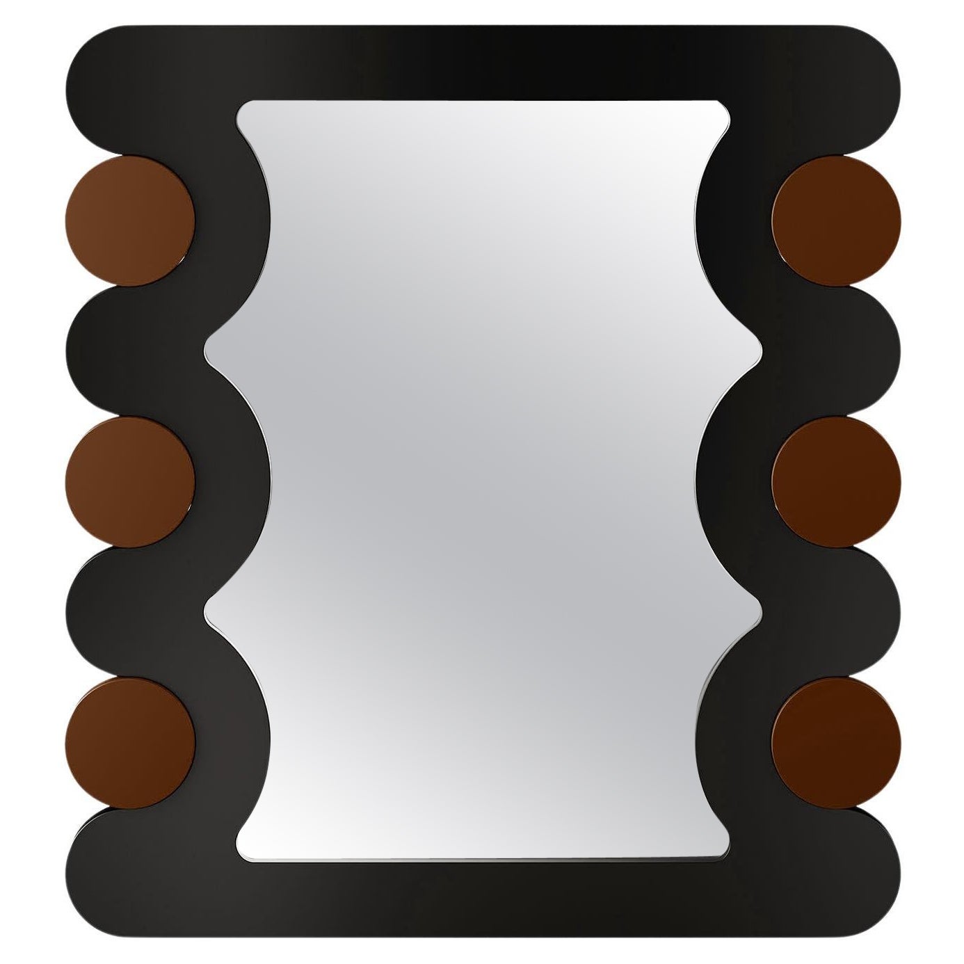 Mid-century Wave Customizable Wall Mirror in Lacquered Wood Brown, Black Matte