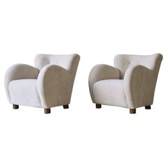 Superb Pair of Lounge Chairs, Upholstered in Natural Sheepskin